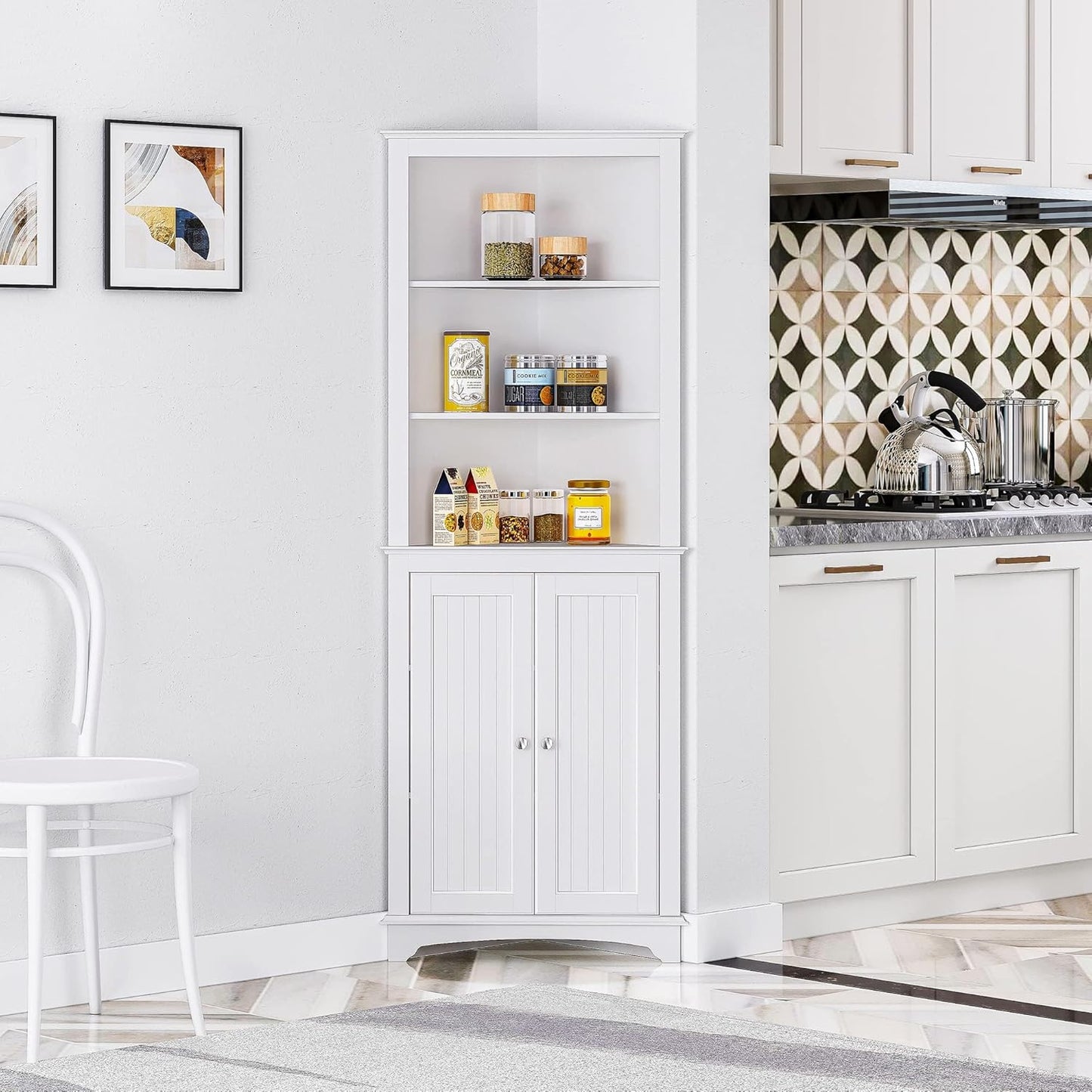 Tall Corner Cabinet with Doors and Shelves, Freestanding Corner Storage Cabinet for Bathroom, Kitchen, Living Room, White