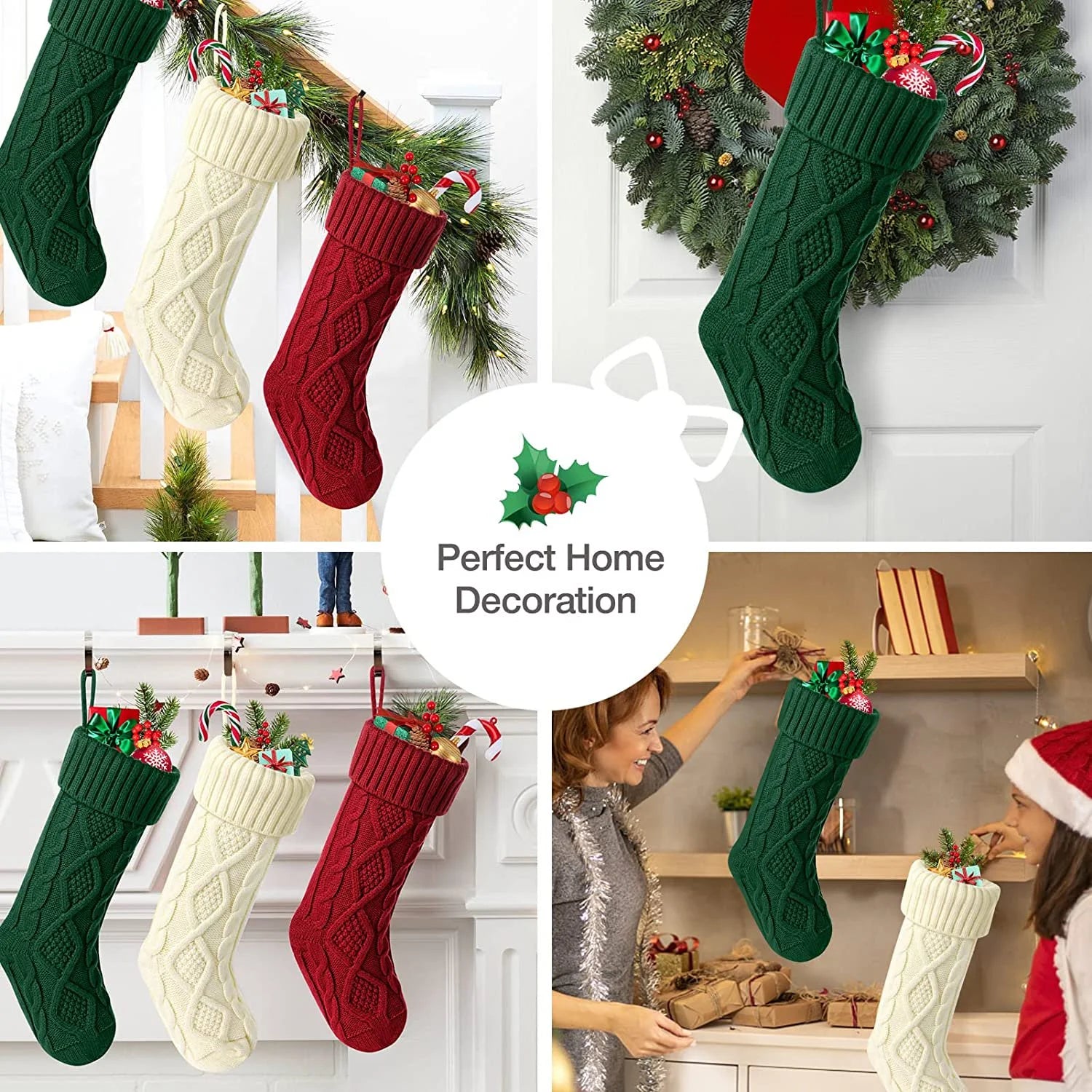 6 Pack Knit Christmas Stockings, 18" Cable Knitted Stocking Decorations Xmas Rustic Farmhouse for Family Holiday Season, Burgundy, Ivory White, Green