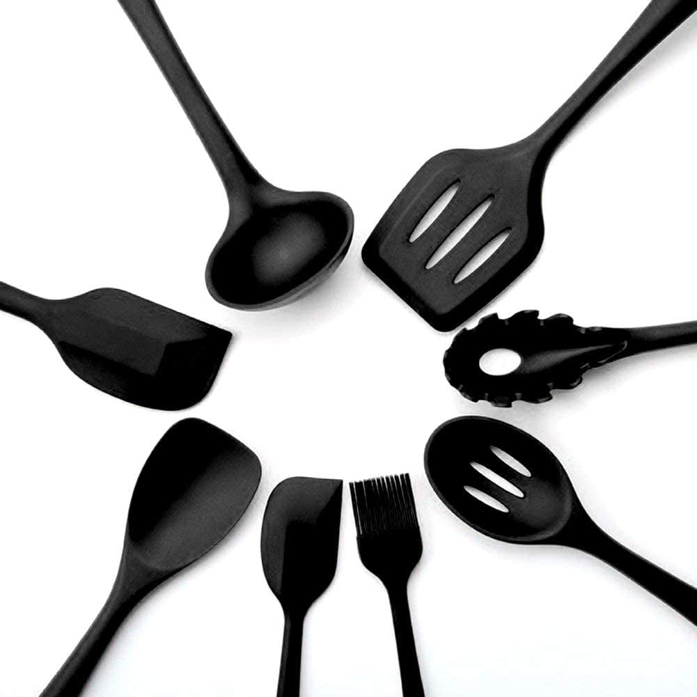 Silicone Kitchen Utensil Set, Heat-Resistant Non-Stick Silicone Cooking Gadgets Tools (Black Holder)