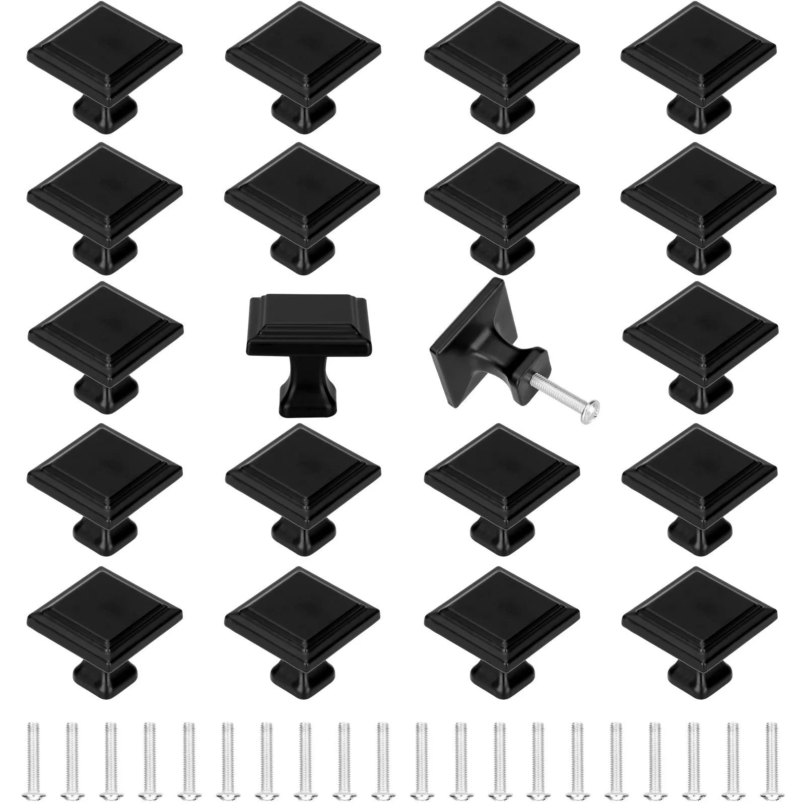 20/10Pcs Modern Cabinet Knobs Flat Black Cabinet Door Knobs, 1.2In Diameter Kitchen Cabinet Knobs Dresser Drawer Knobs, Solid Black Hardware Square Drawer Handles and Pulls for Cupboard Closet