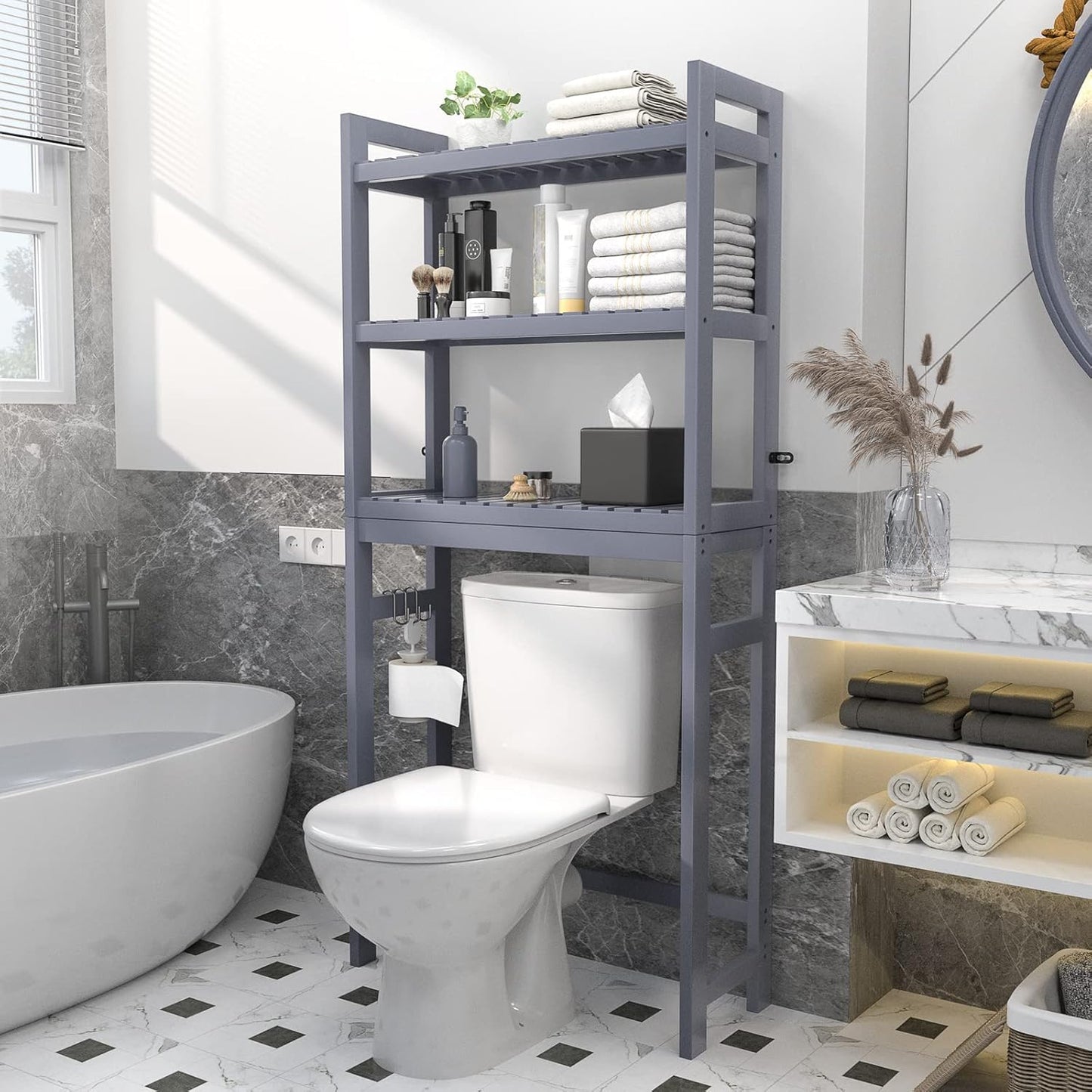 over the Toilet Storage, Bamboo 3-Tier Over-The-Toilet Space Saver Shelf Organizer Rack, Stable Freestanding above Toilet Stand with 3 Hooks for Bathroom, Restroom, Laundry, Blue Grey