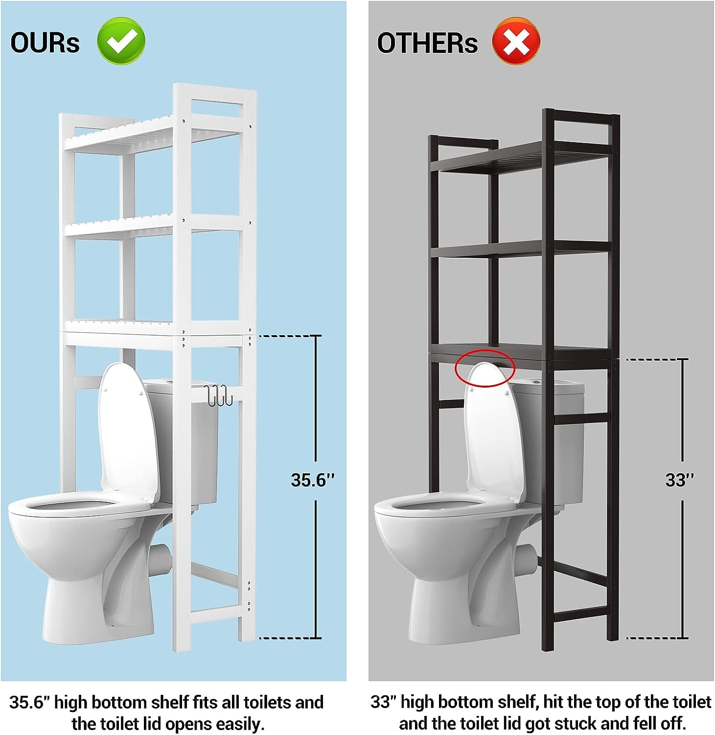 over the Toilet Storage, Bamboo 3-Tier Over-The-Toilet Space Saver Organizer Rack, Stable Freestanding above Toilet Stand with 3 Hooks for Bathroom, Restroom, Laundry, White