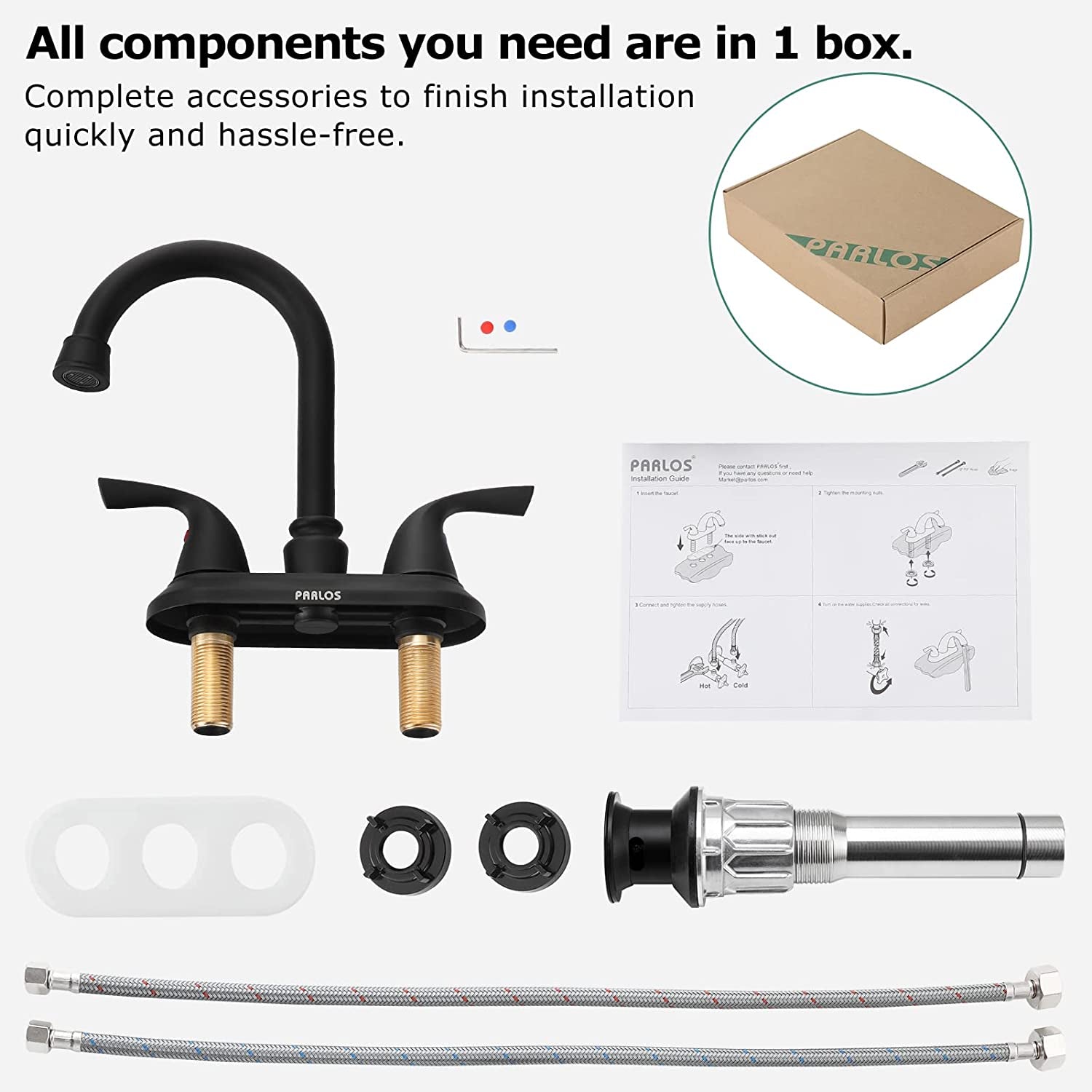 Matte Black 2-Handle Bathroom Faucet with Metal Drain Assembly & Supply Lines - NSF Cupc Certified, Model 1359104