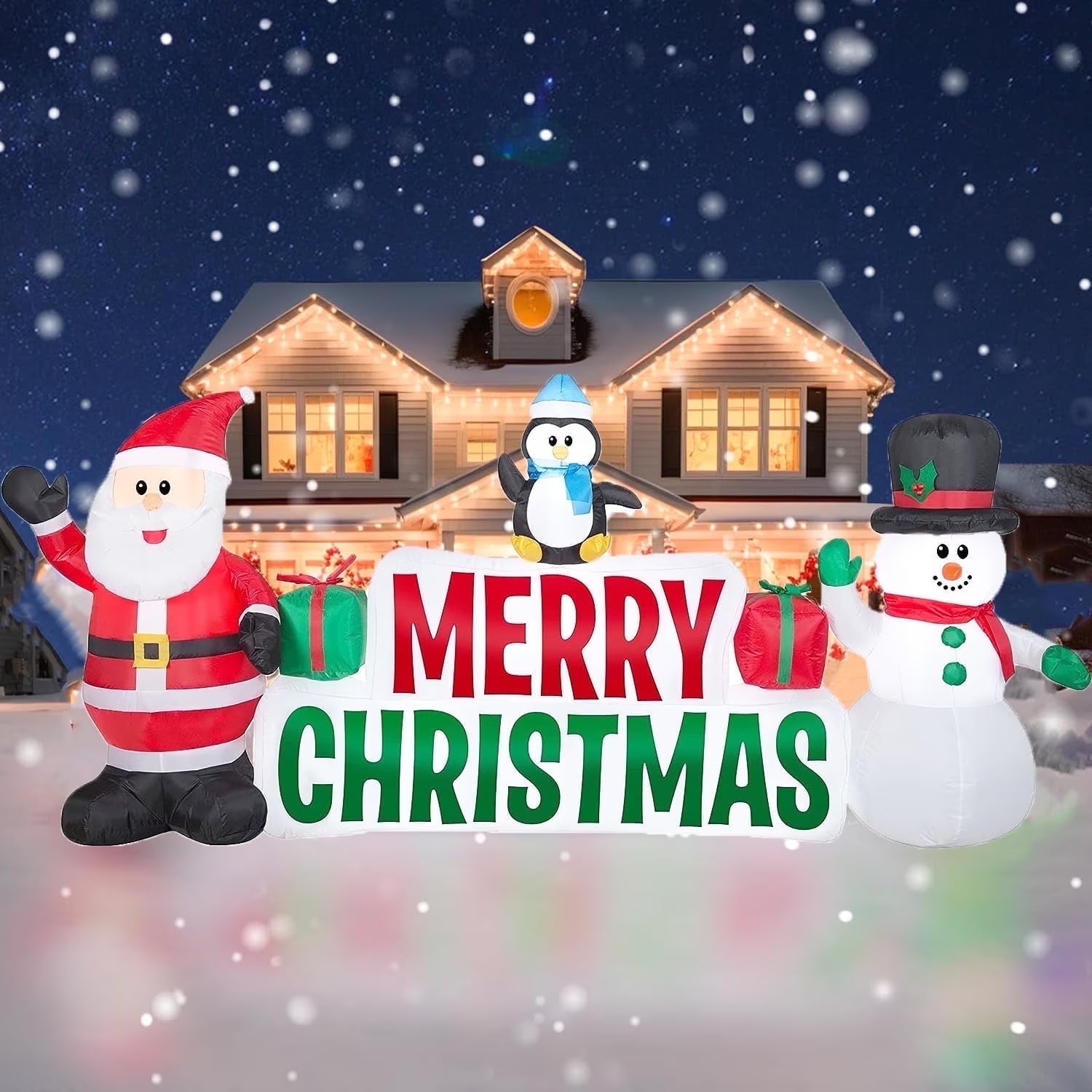 10Ft Long Christmas Inflatables, Lighted Merry Christmas Sign with Santa, Snowman, and Penguin, Giant Blow up Outdoor Christmas Lawn Yard Decoration