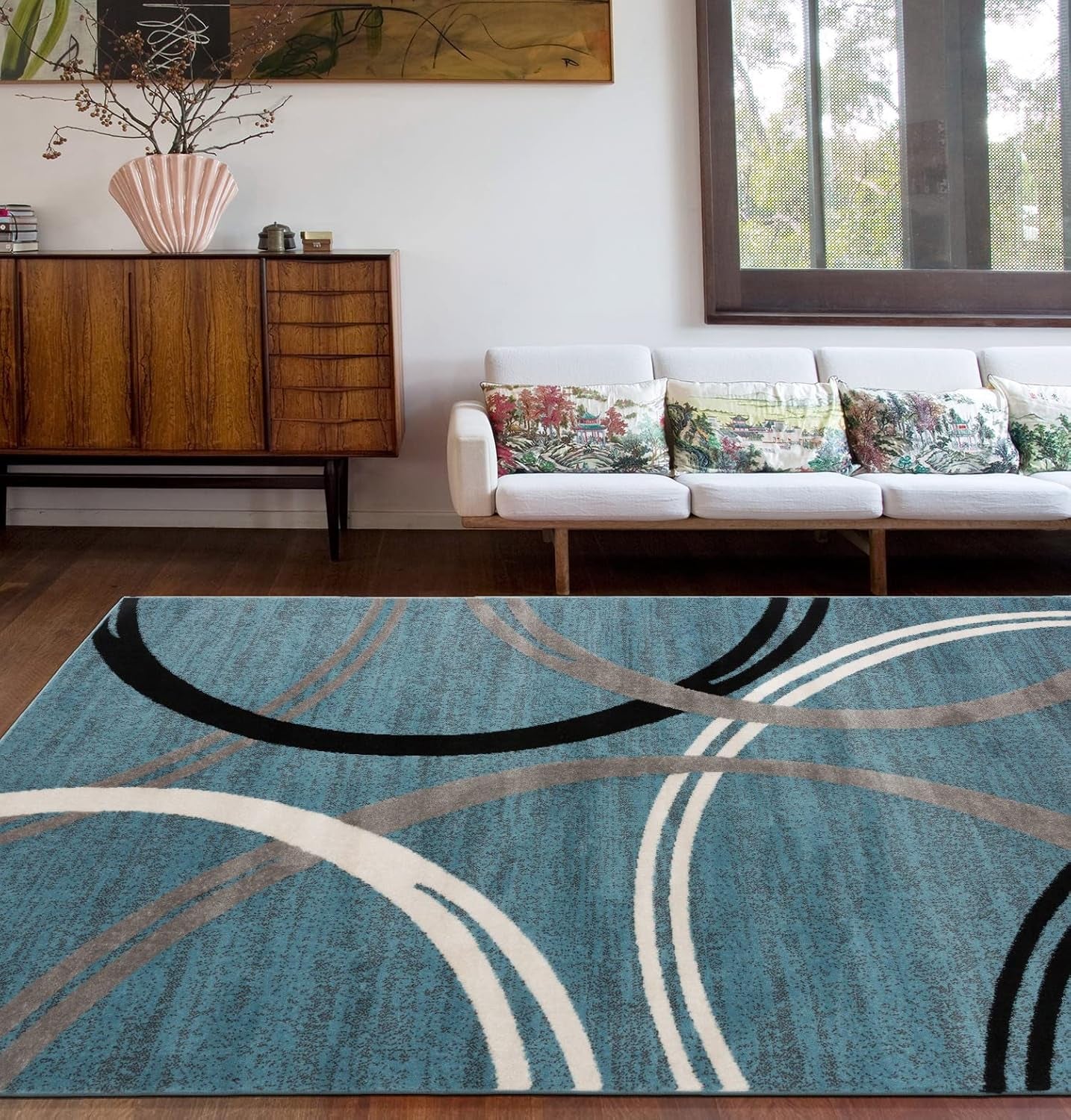 Modern Wavy Circles Design Area Rug 6'6" X 9' Blue