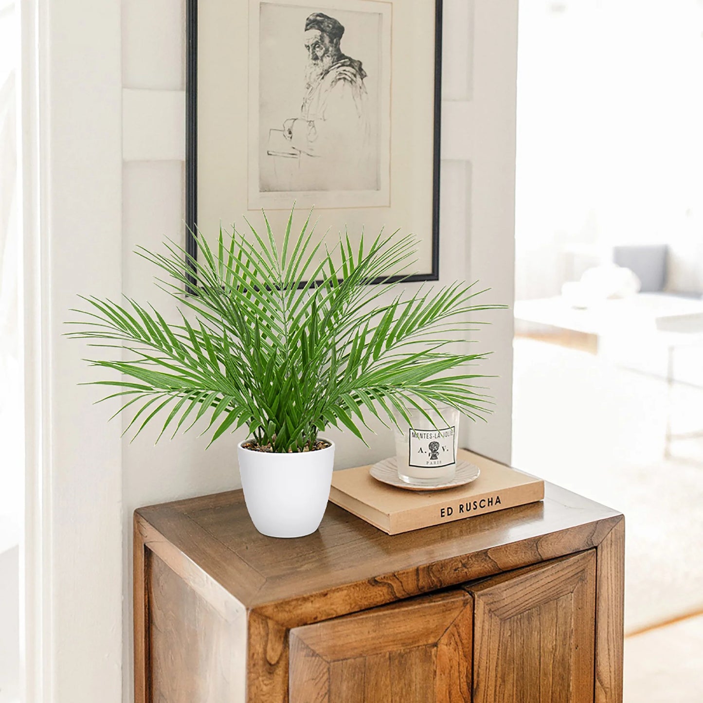 15"Artificial Palm Plant Real Touch Faux Tropical Palm Tree in White Pot Home Indoor Living Room Tabletop Balcony Decorations