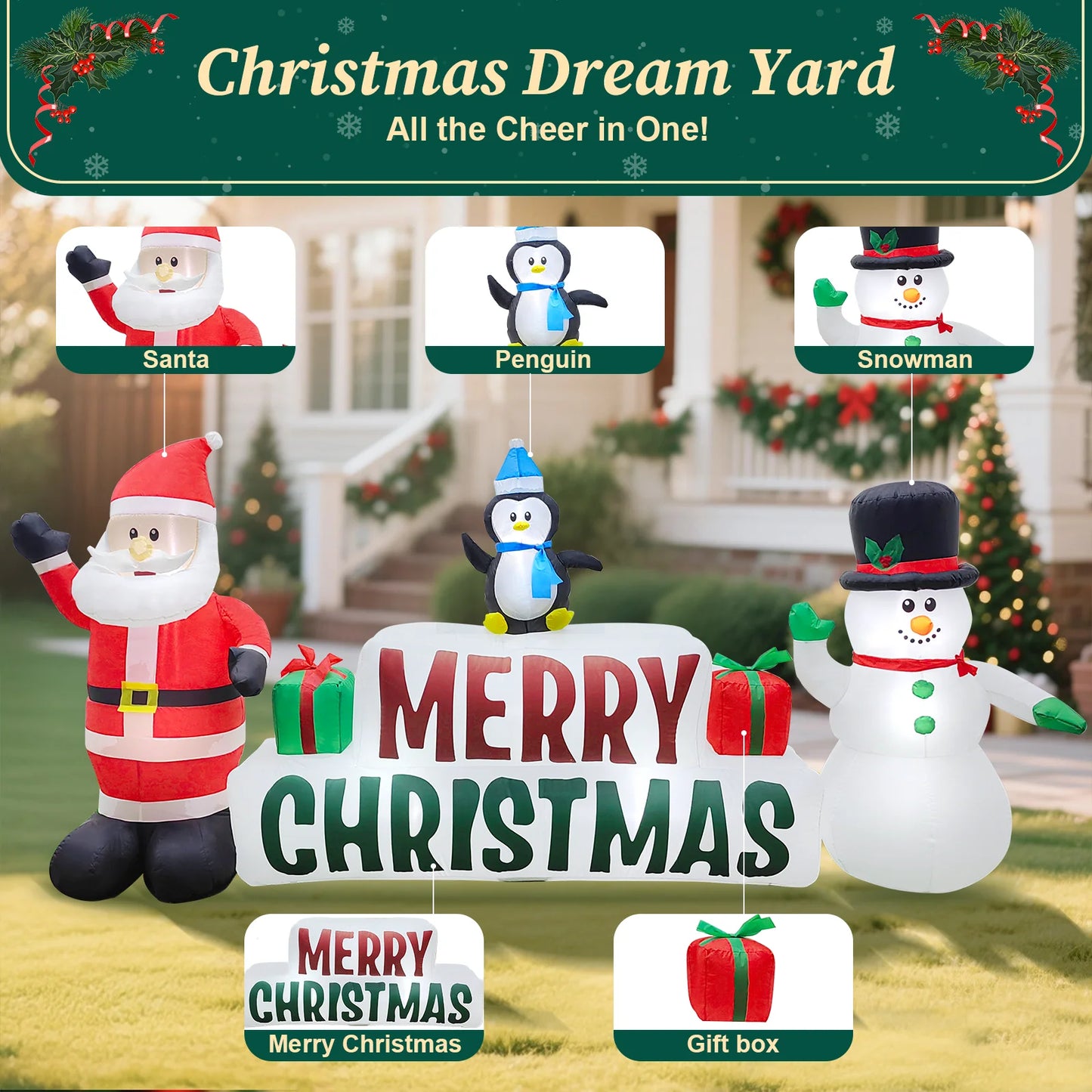 10Ft Long Christmas Inflatables, Lighted Merry Christmas Sign with Santa, Snowman, and Penguin, Giant Blow up Outdoor Christmas Lawn Yard Decoration