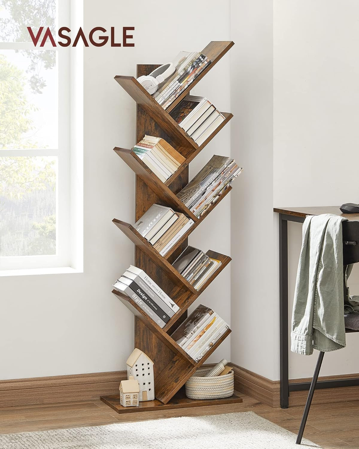 Tree Bookshelf, 9-Tier Bookcase, Large Bookshelf, Space-Saving Corner Shelf, Book Tree, Holds Books, Cds, Games, for Bedroom, Living Room, Home Office, Rustic Brown ULBC11BX
