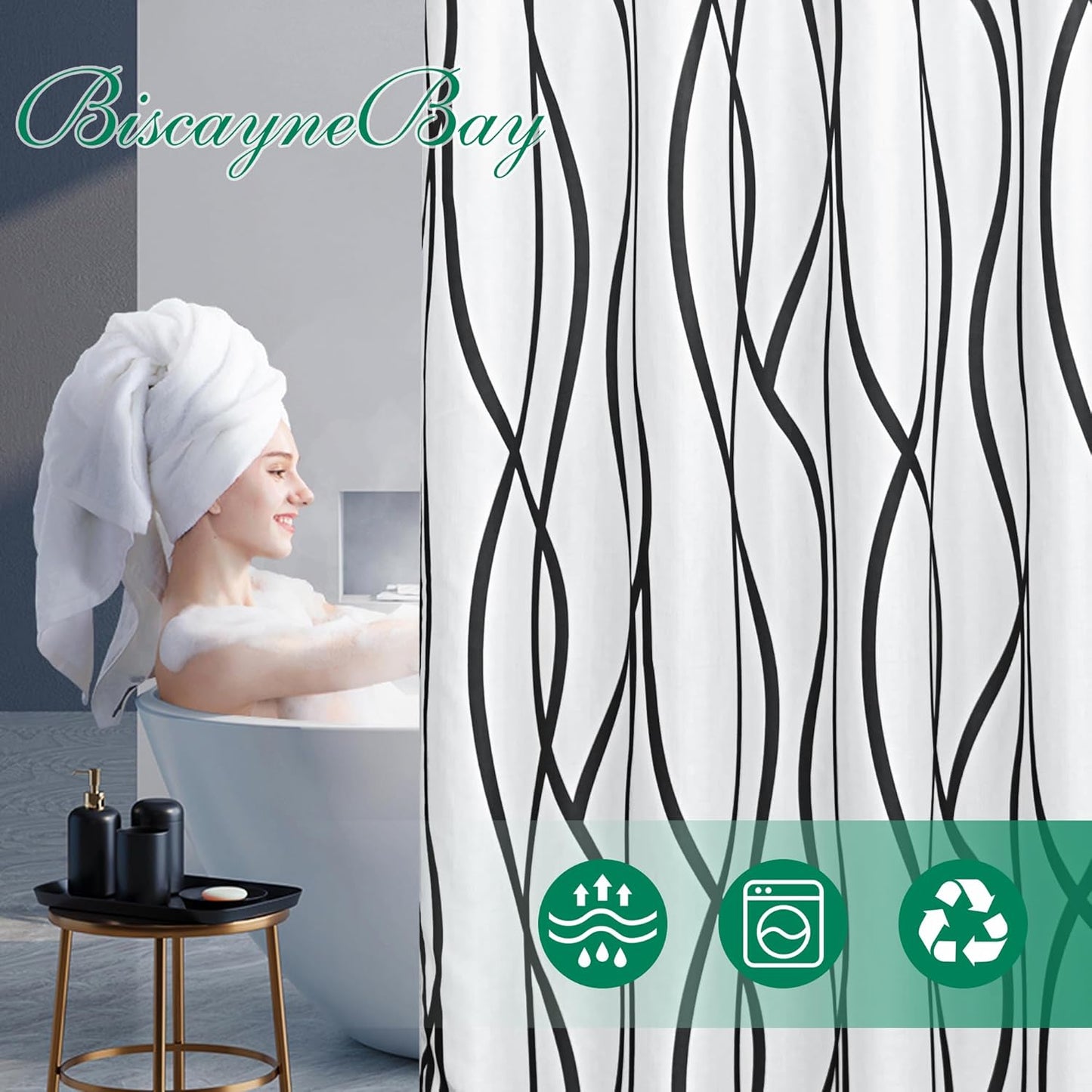 Textured Fabric Shower Curtain 72 Inches by 72 Inches, Black Printed Striped Linen Modern Hotel Luxury Quality Cloth Bathroom Curtains Machine Washable