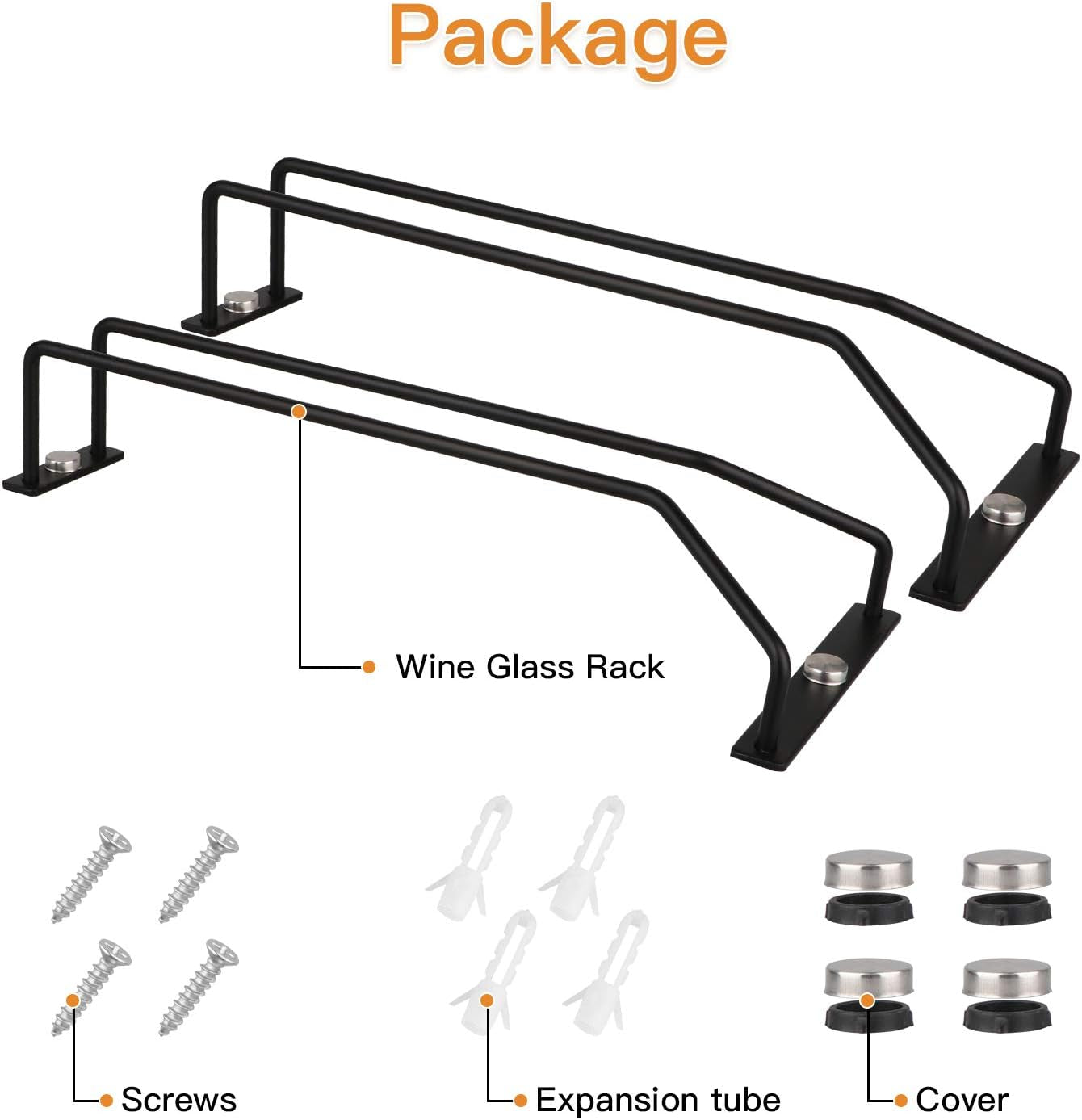 10.8 Inch Black Wine Glass Rack, under Cabinet Wine Glass Holder, Metal Stemware Rack Hanger for Kitchen Storage (2 Pack)