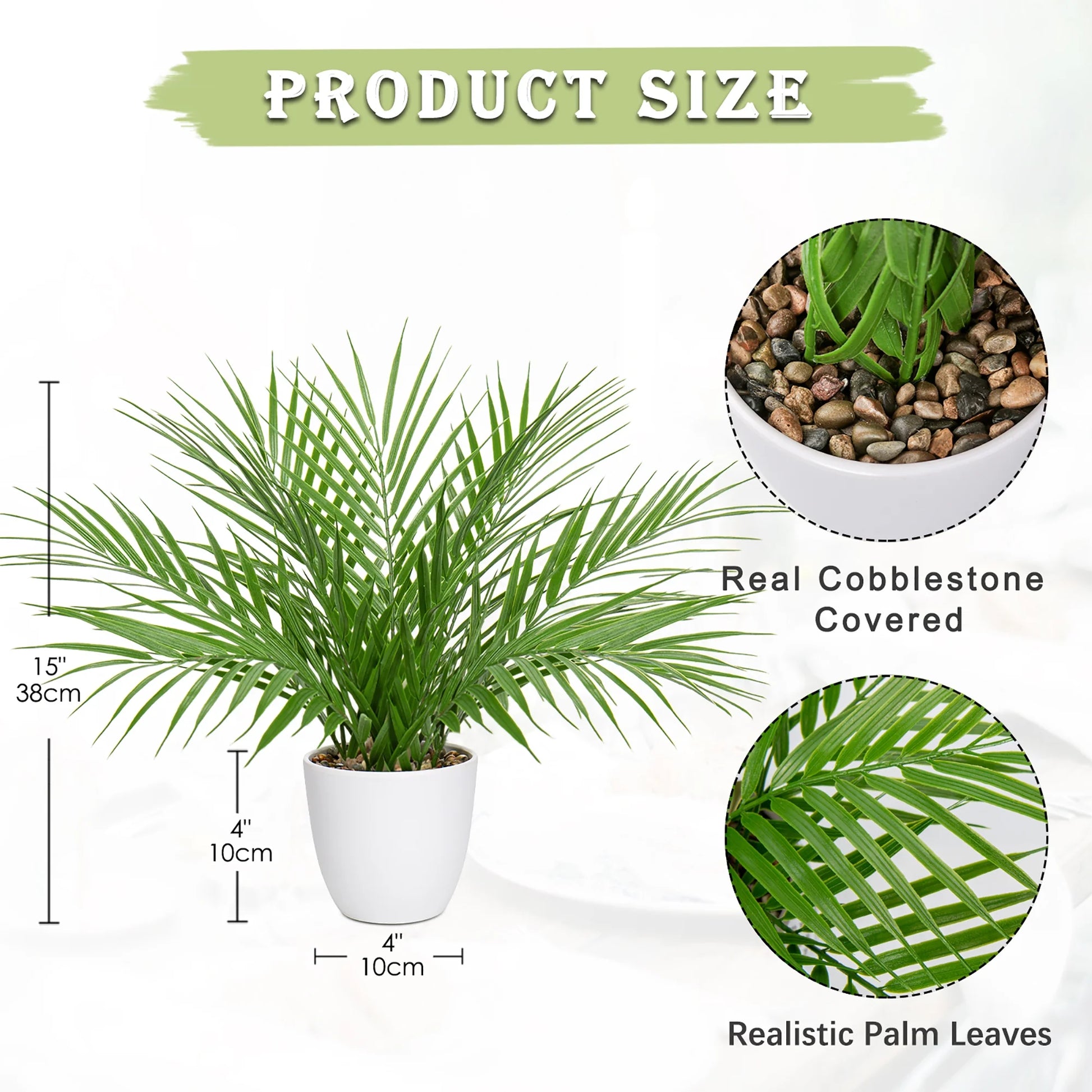 15"Artificial Palm Plant Real Touch Faux Tropical Palm Tree in White Pot Home Indoor Living Room Tabletop Balcony Decorations