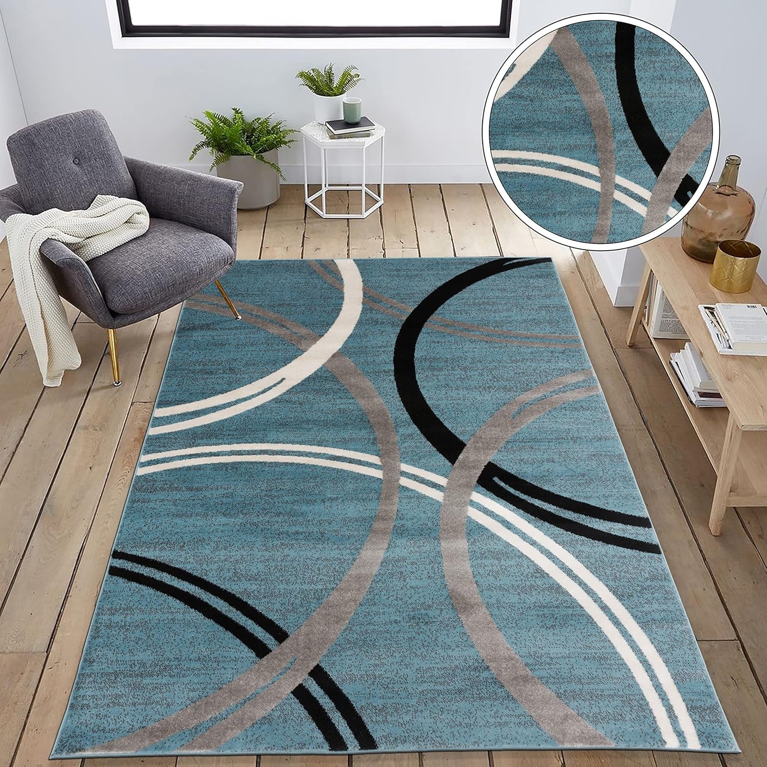 Modern Wavy Circles Design Area Rug 6'6" X 9' Blue