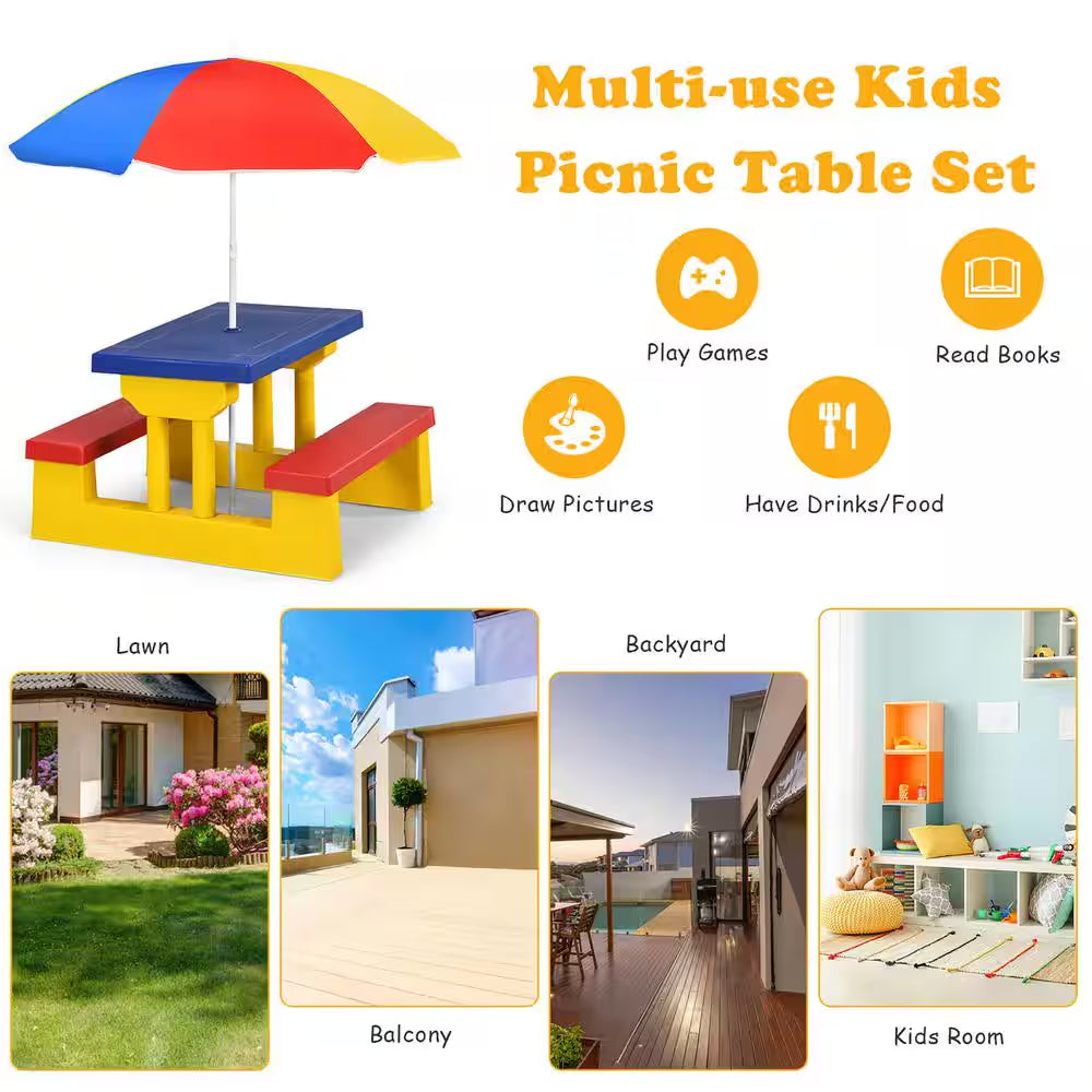 Kids Picnic Table Set with Removable Umbrella Indoor Outdoor Garden Patio