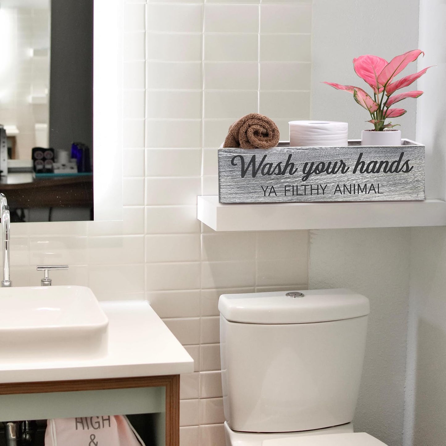 Bathroom Decor Box, Toilet Paper Basket 2 Sides Signs Farmhouse Bathroom Basket Toilet Basket Tank Topper Rustic Farmhouse Home Decor for Livingroom Kitchen（One Gray Box）