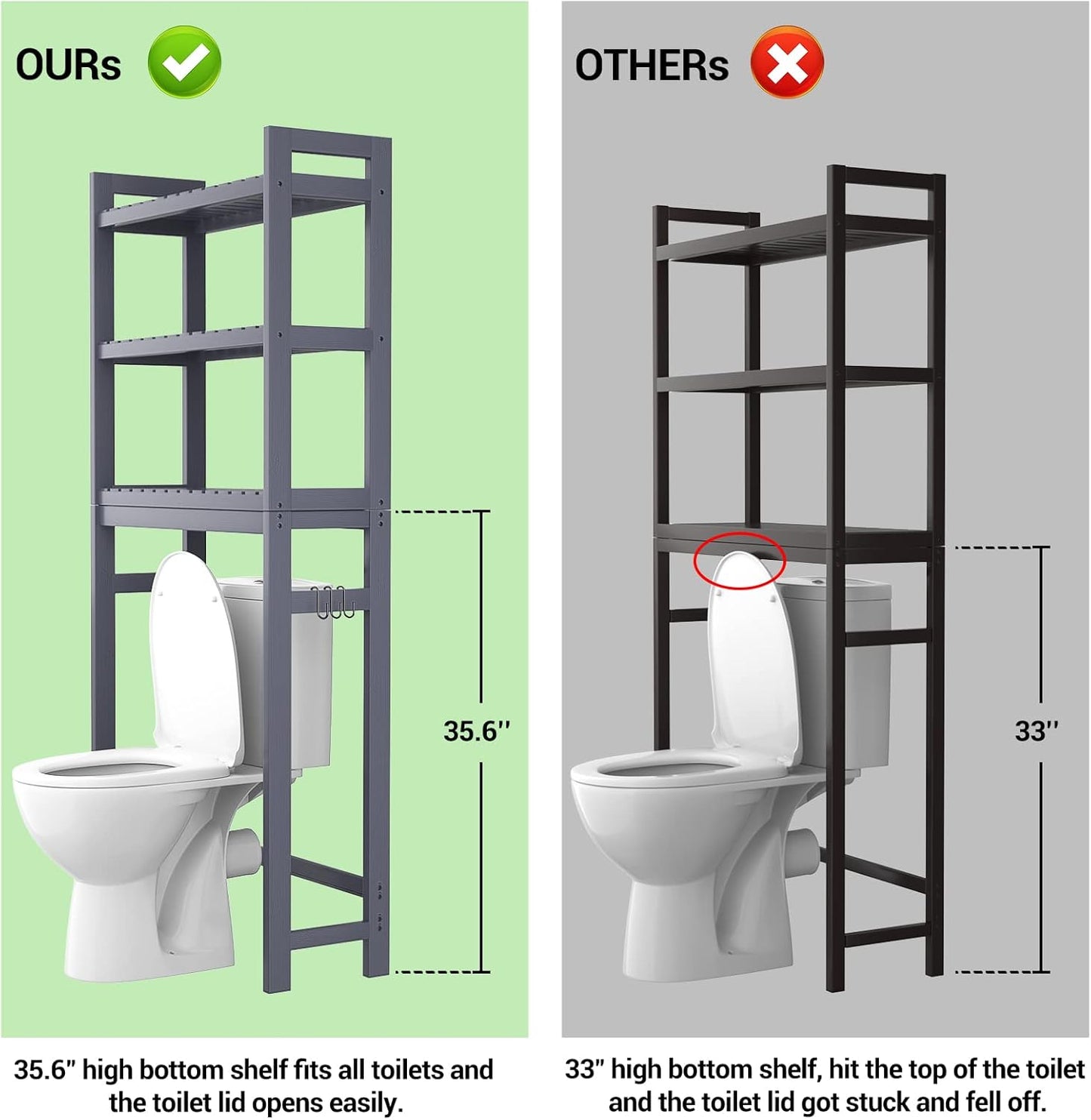 over the Toilet Storage, Bamboo 3-Tier Over-The-Toilet Space Saver Shelf Organizer Rack, Stable Freestanding above Toilet Stand with 3 Hooks for Bathroom, Restroom, Laundry, Blue Grey