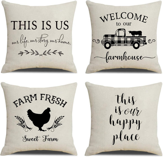 Farmhouse Pillow Covers Quote Throw Pillow Case Cotton Linen Farm Cushion Cover for Couch Sofa Bed 18X18 Set of 4 Farmhouse Decor Housewarming Gifts