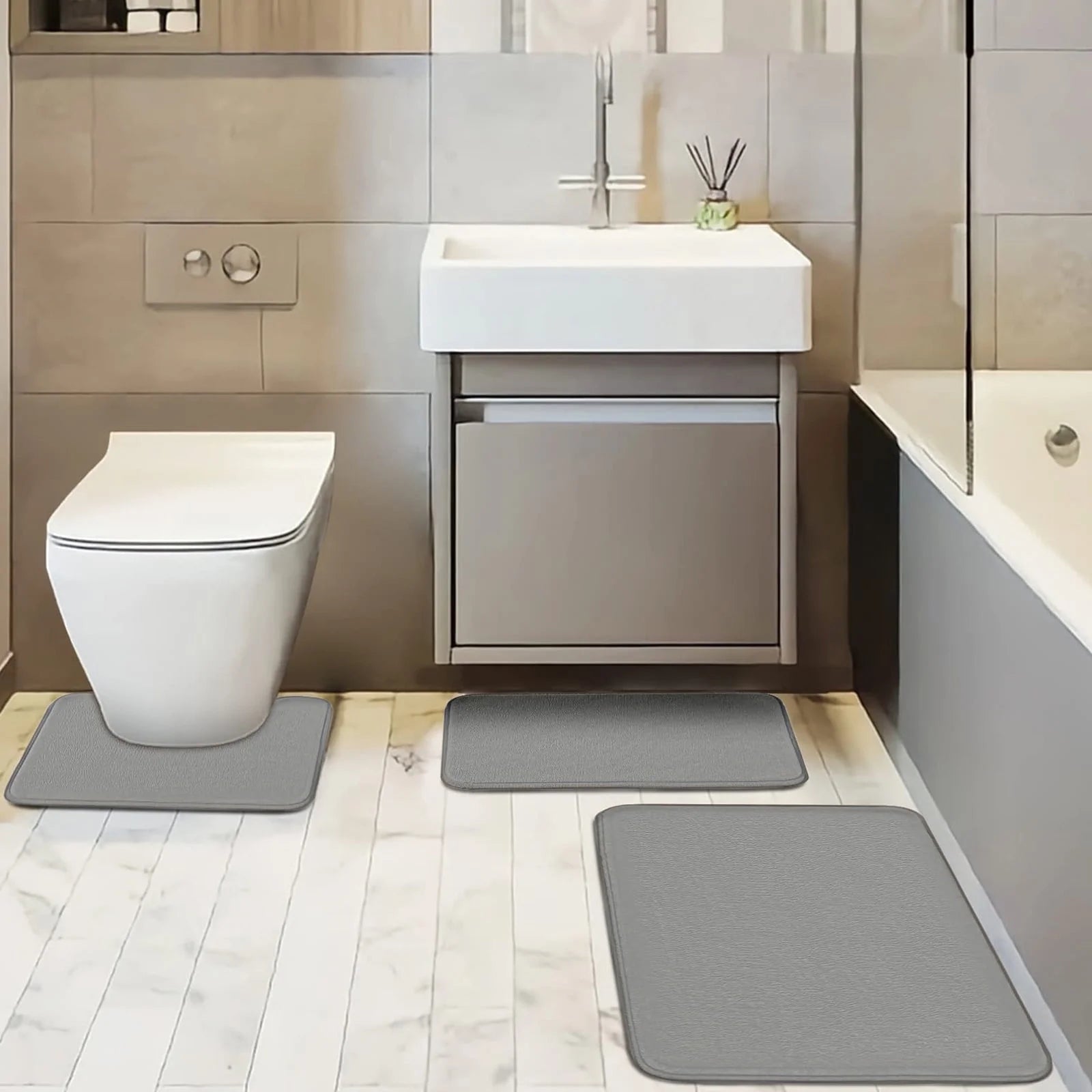 Memory Foam Bath Mat Set - 3 Pcs Absorbent Non-Slip Bathroom Rugs (Small, Large & Contour)