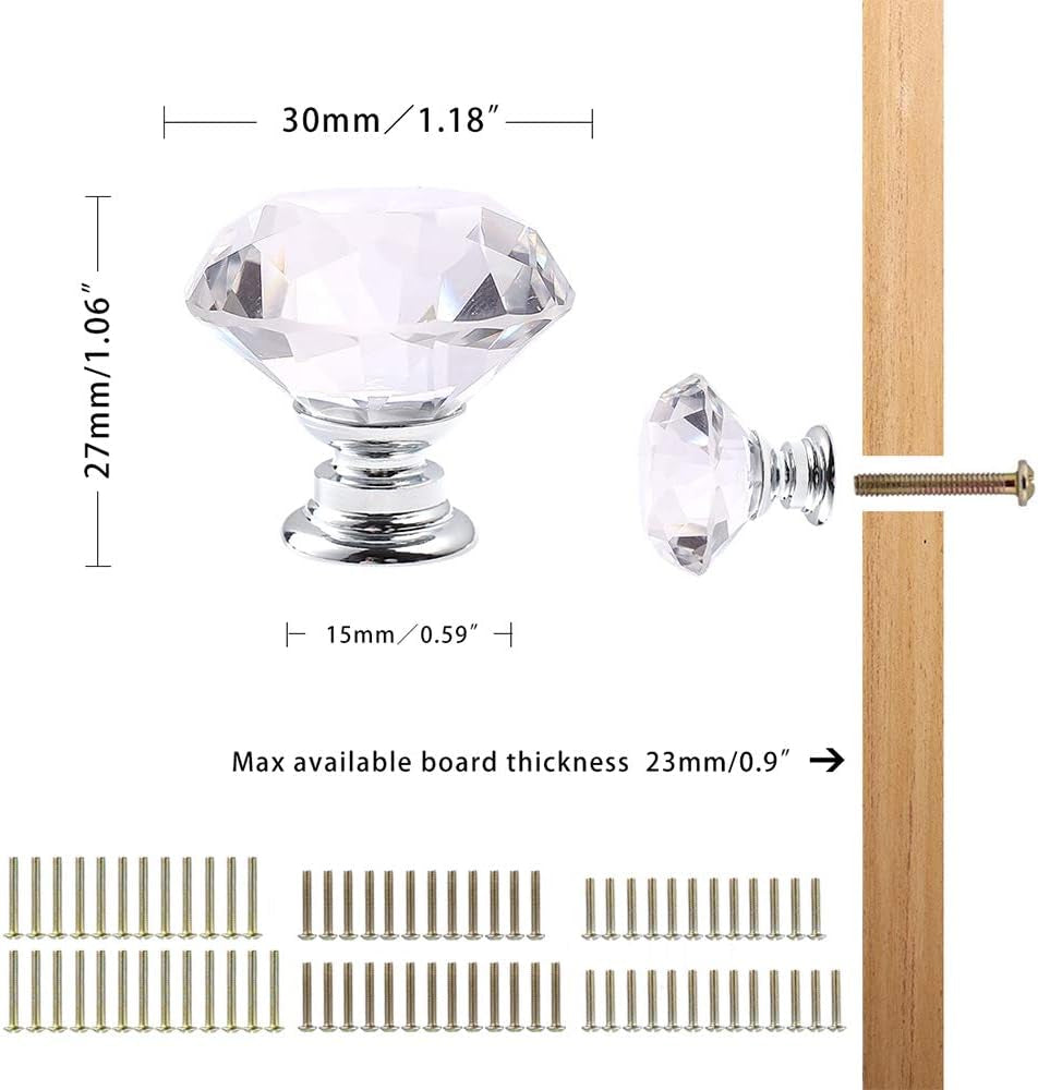 25 PCS Diamond Crystal Glass Pull Handle Cabinet Knobs Cupboard Drawers Cabinet Dresser Bookcase Wardrobe (30Mm, Transparent)