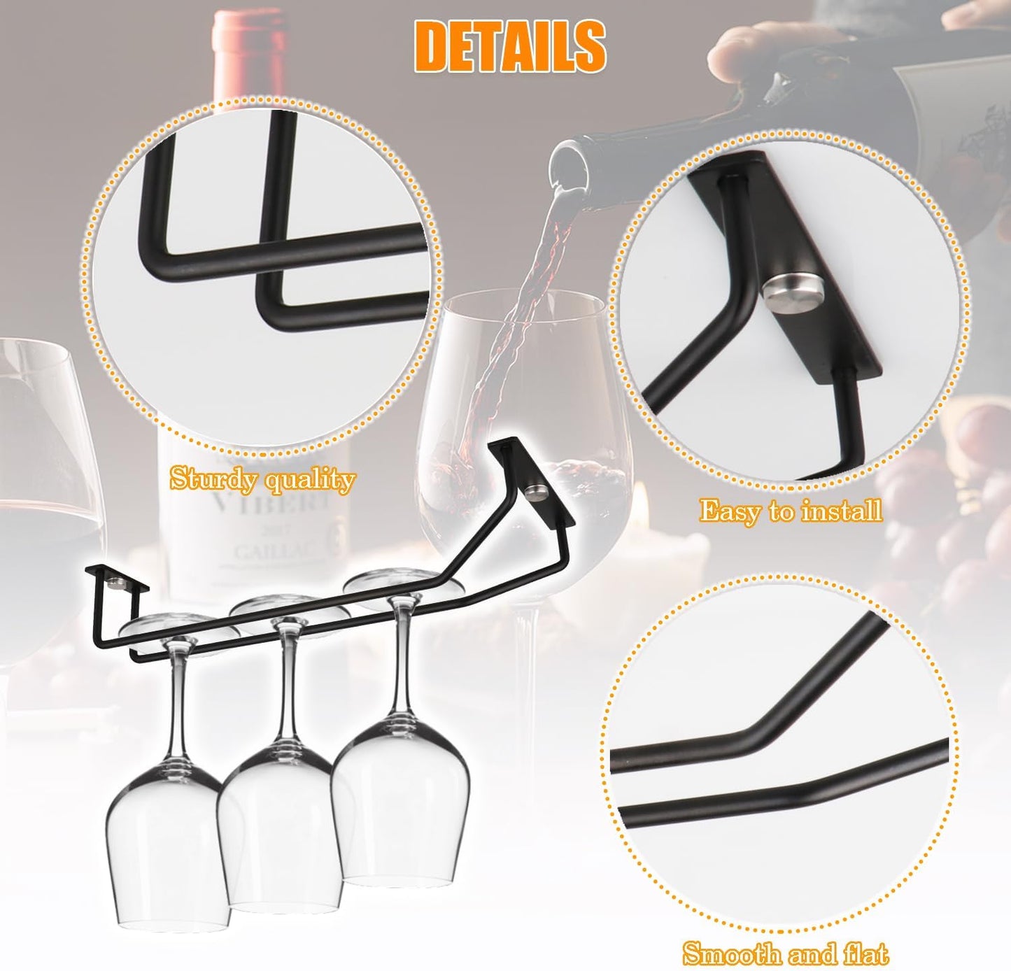 10.8 Inch Black Wine Glass Rack, under Cabinet Wine Glass Holder, Metal Stemware Rack Hanger for Kitchen Storage (2 Pack)