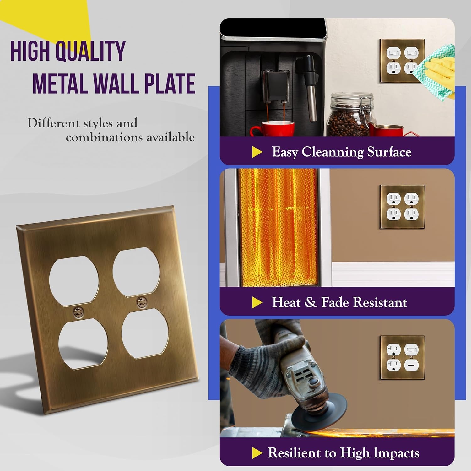 Antique Brass Double Duplex Receptacle Metal Wall Plate, Stainless Steel Outlet Cover, Corrosion Resistant, Standard Size 2-Gang 4.50" X 4.57", Stainless Steel 201, 7722-AB