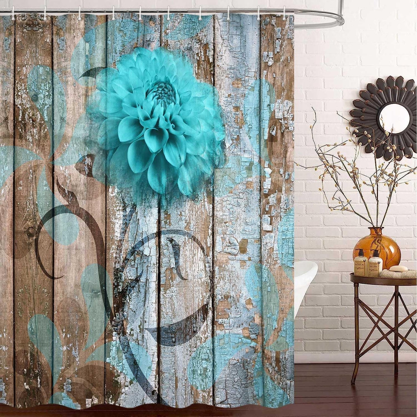 Farmhouse Flower Floral Shower Curtain, Rustic Teal Turquoise Dahlia Shower Curtain Set, Country Blue Wild Garden Plant Fabric Shower Curtain with Hooks, Surreal Bathroom Curtain, 69X70Inch