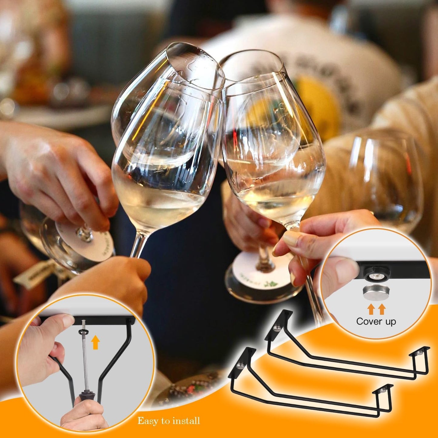 10.8 Inch Black Wine Glass Rack, under Cabinet Wine Glass Holder, Metal Stemware Rack Hanger for Kitchen Storage (2 Pack)