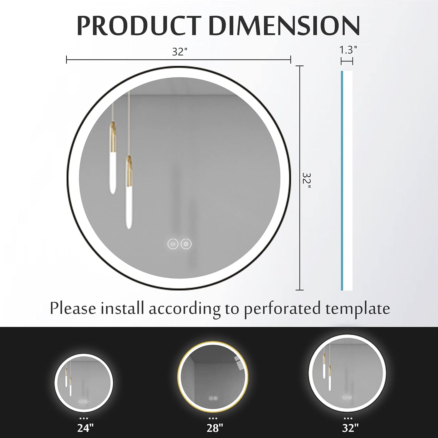 32X32 Inch round Bathroom Mirror Lighted Wall Mounted Mirror Waterproof LED Vanity Mirror with Lights (Horizontal & Vertical)