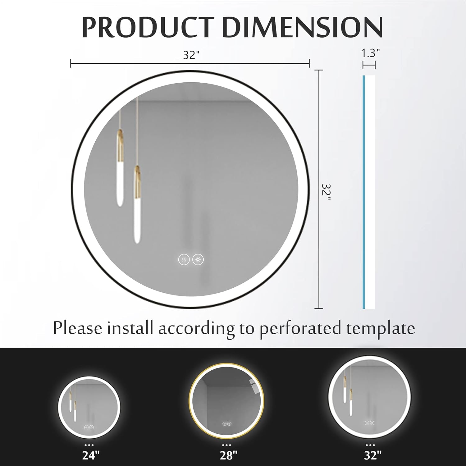 32X32 Inch round Bathroom Mirror Lighted Wall Mounted Mirror Waterproof LED Vanity Mirror with Lights (Horizontal & Vertical)