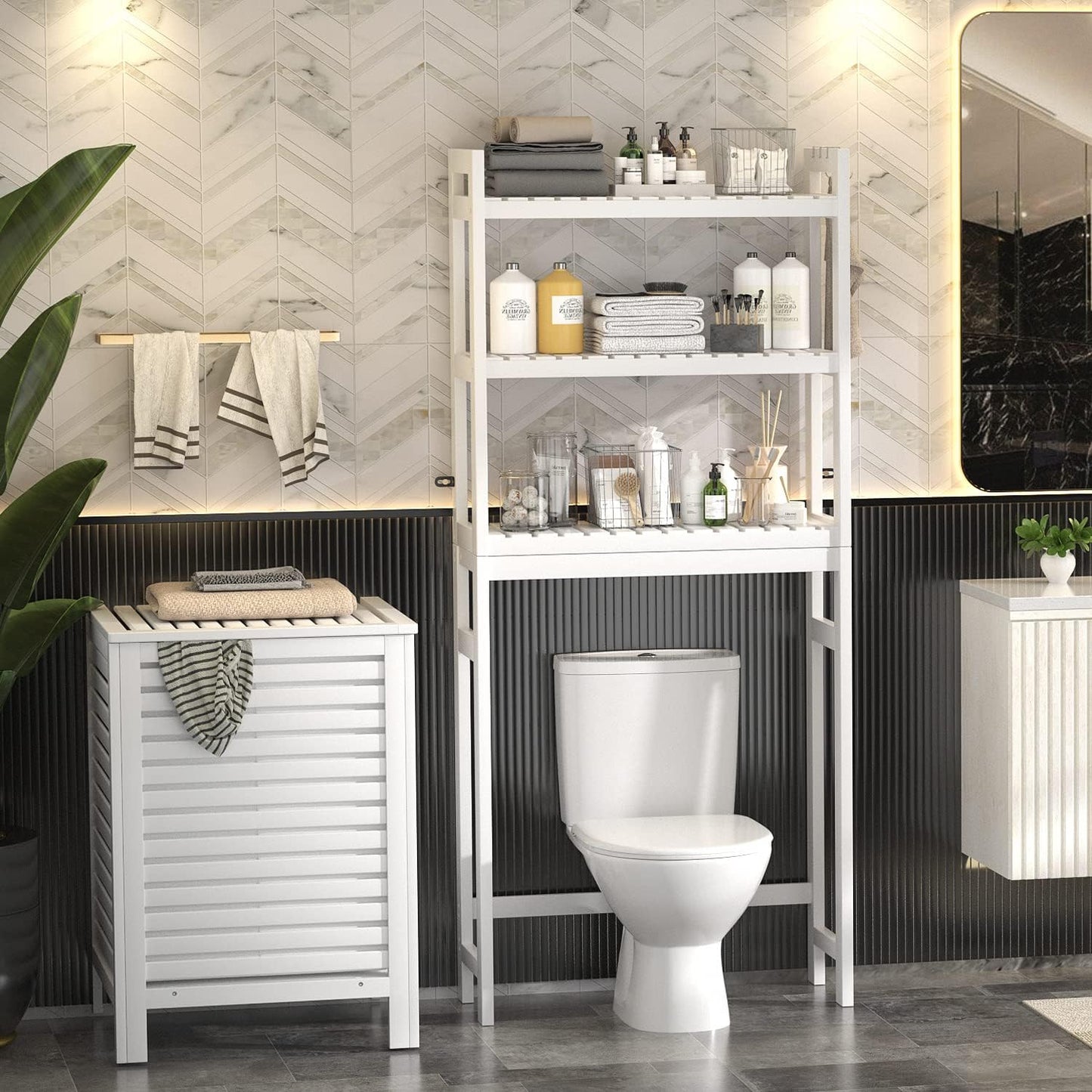 over the Toilet Storage, Bamboo 3-Tier Over-The-Toilet Space Saver Organizer Rack, Stable Freestanding above Toilet Stand with 3 Hooks for Bathroom, Restroom, Laundry, White