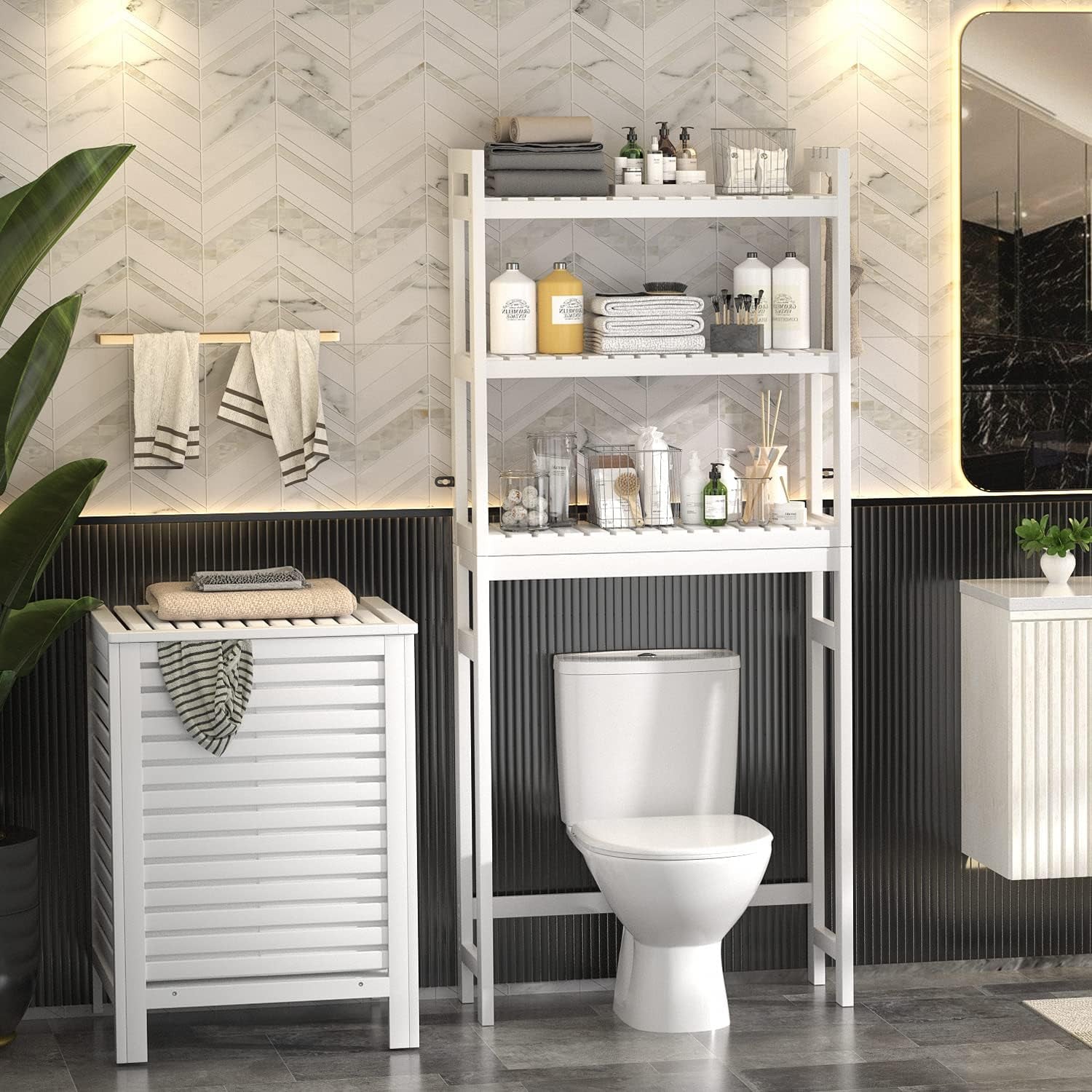 over the Toilet Storage, Bamboo 3-Tier Over-The-Toilet Space Saver Organizer Rack, Stable Freestanding above Toilet Stand with 3 Hooks for Bathroom, Restroom, Laundry, White