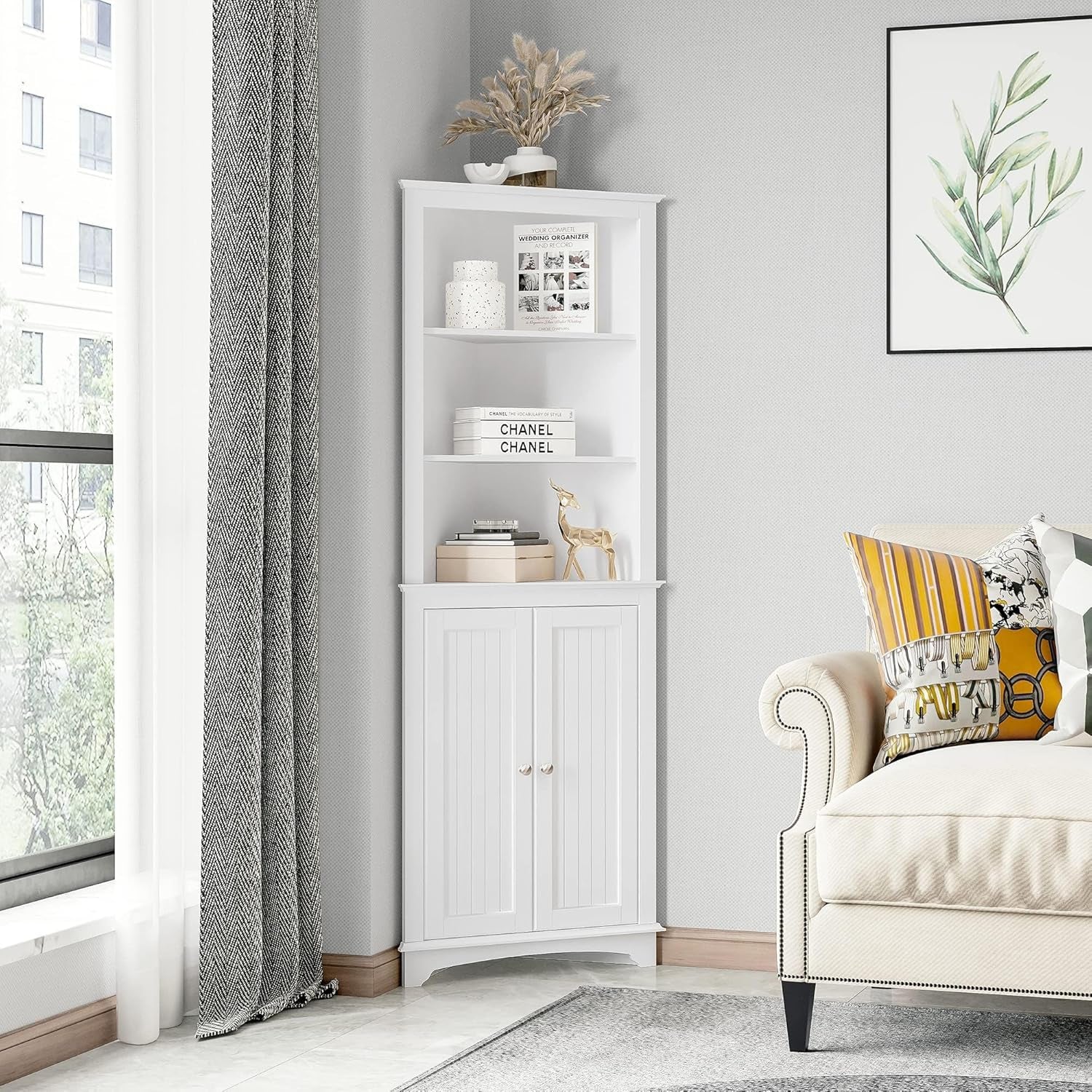 Tall Corner Cabinet with Doors and Shelves, Freestanding Corner Storage Cabinet for Bathroom, Kitchen, Living Room, White