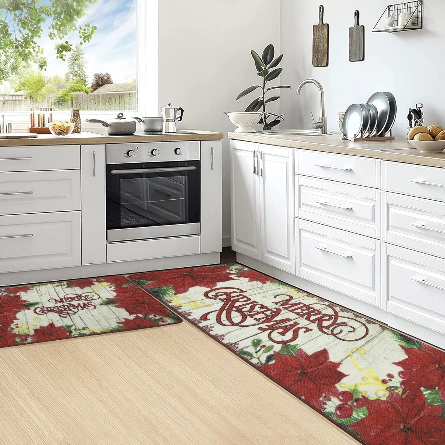 Christmas Kitchen Mats and Rugs Runner Set 2 Pieces Non Slip Kitchen Floor Rug Carpet Indoor Outdoor Floor Mat for Kitchen Sink,Laundry Room,Christmas Decorations