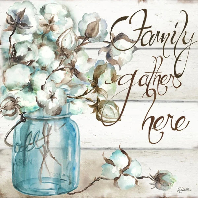 Family Home, Inspirational Floral Wall Art; Two Blue 16X16In Hand-Stretched Canvases