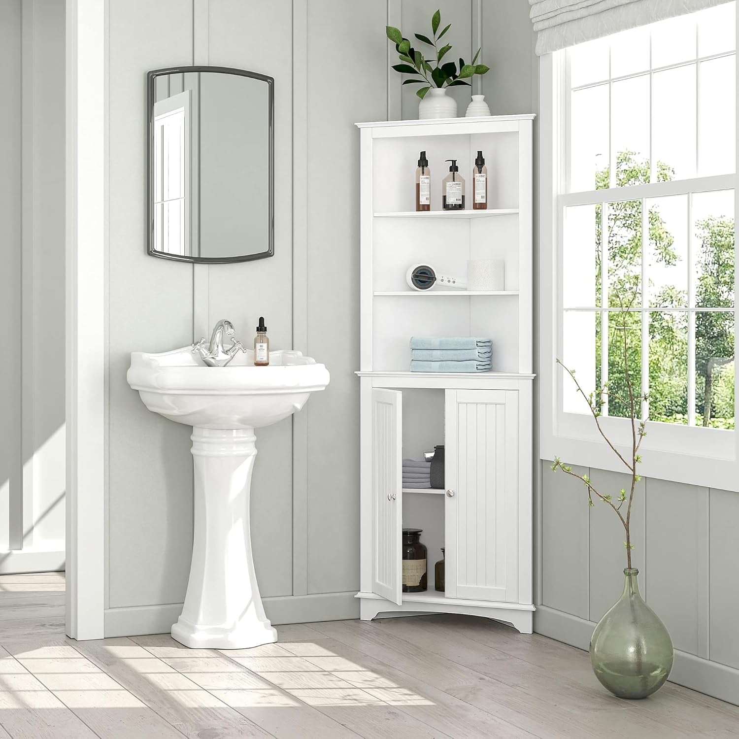 Tall Corner Cabinet with Doors and Shelves, Freestanding Corner Storage Cabinet for Bathroom, Kitchen, Living Room, White