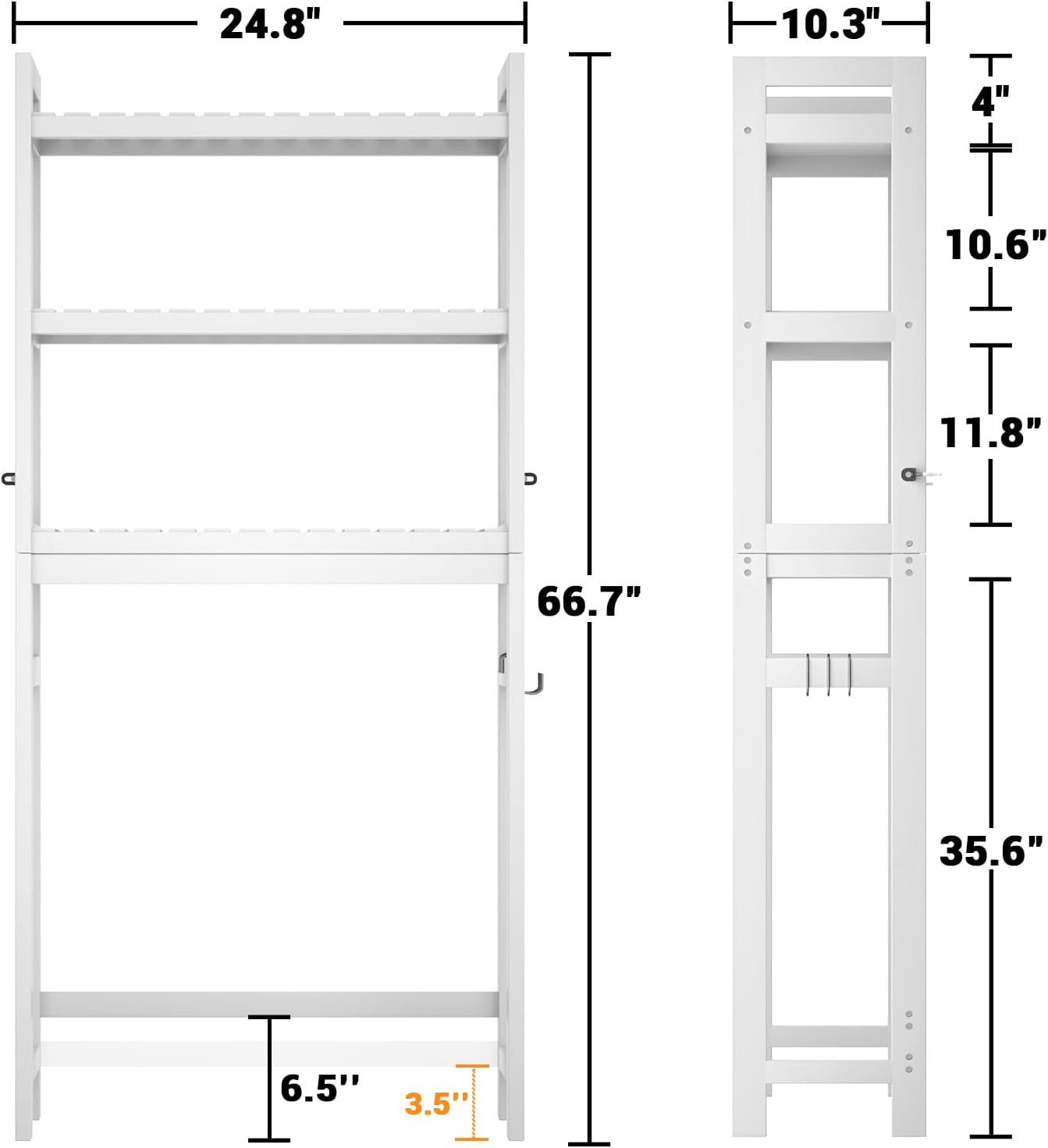 over the Toilet Storage, Bamboo 3-Tier Over-The-Toilet Space Saver Organizer Rack, Stable Freestanding above Toilet Stand with 3 Hooks for Bathroom, Restroom, Laundry, White