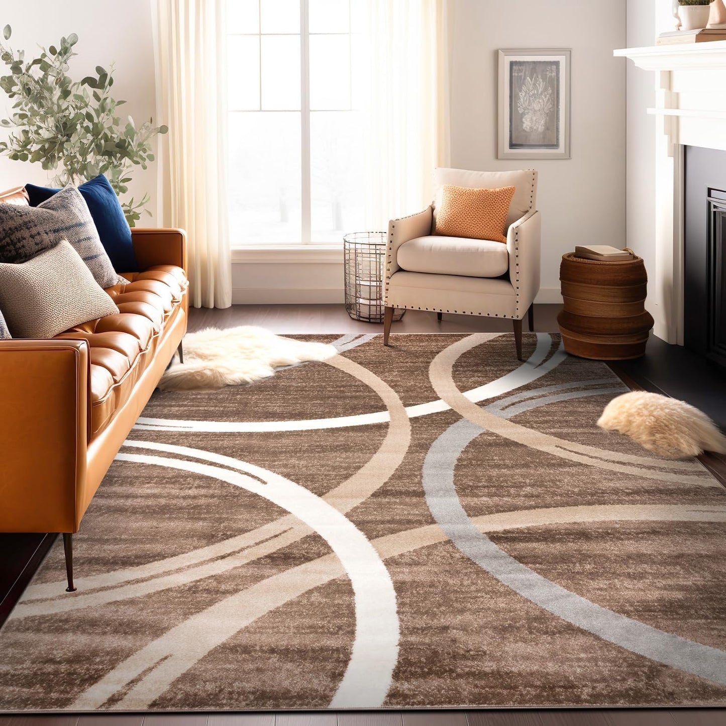 Modern Wavy Circles Design Area Rug 10' X 14' Brown