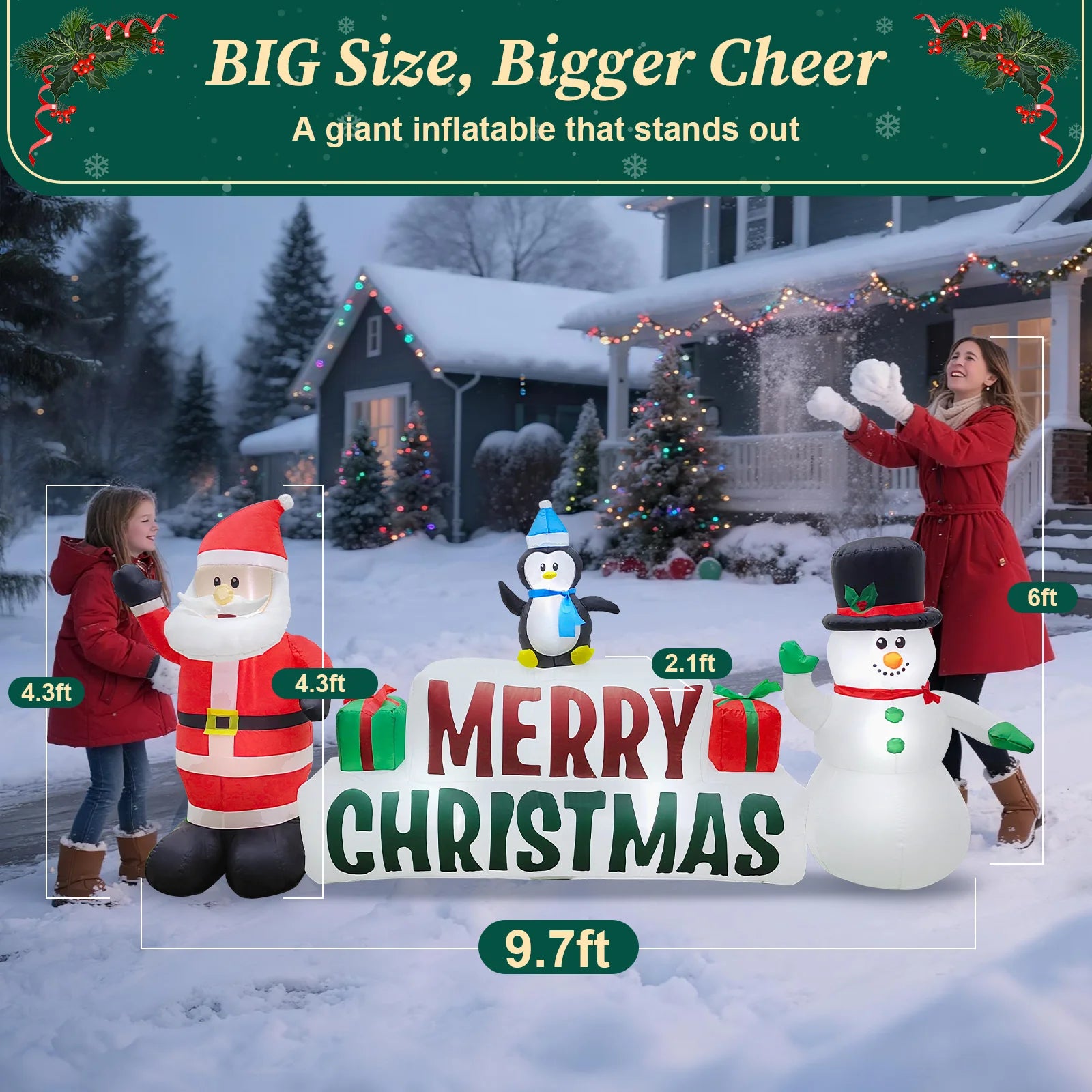 10Ft Long Christmas Inflatables, Lighted Merry Christmas Sign with Santa, Snowman, and Penguin, Giant Blow up Outdoor Christmas Lawn Yard Decoration