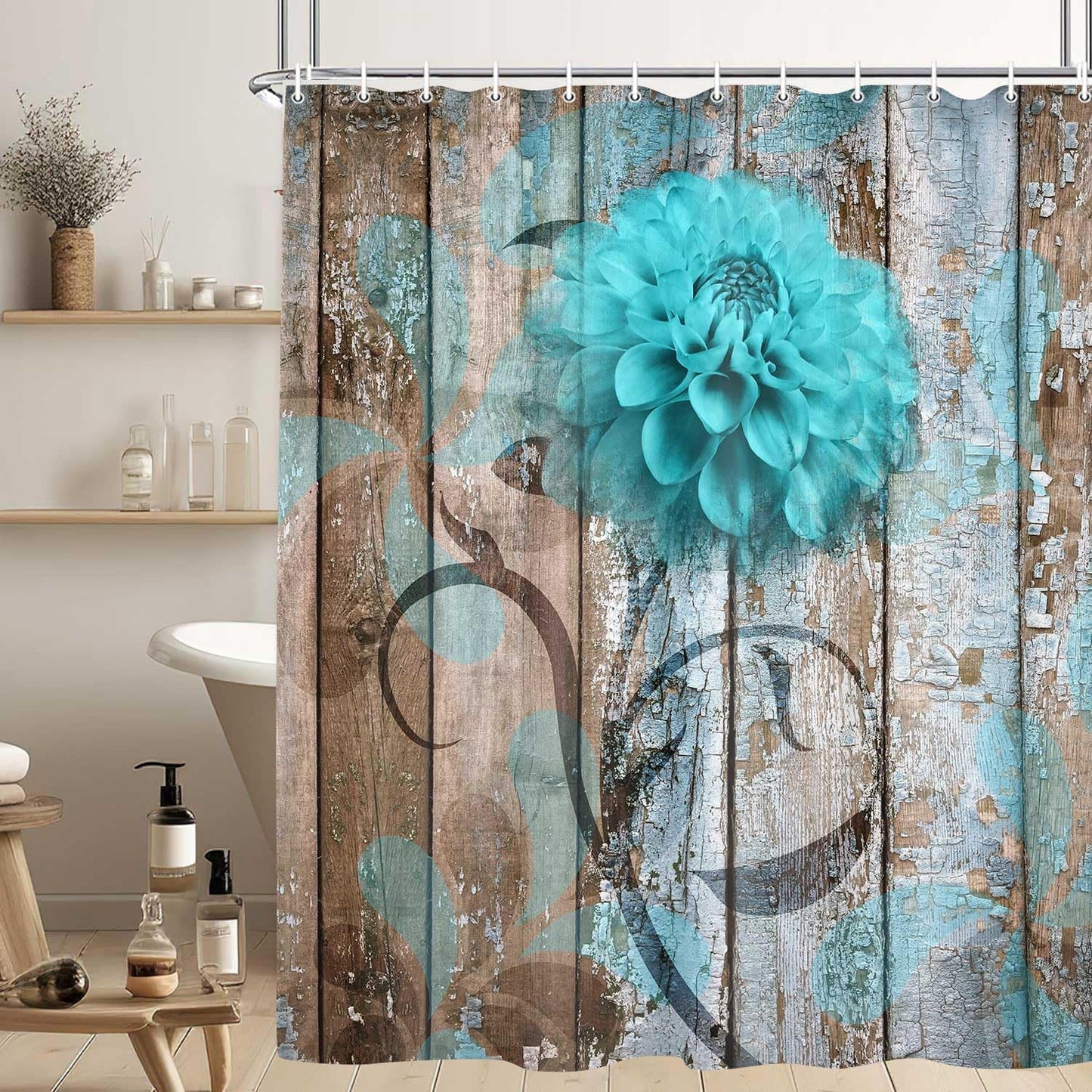 Farmhouse Flower Floral Shower Curtain, Rustic Teal Turquoise Dahlia Shower Curtain Set, Country Blue Wild Garden Plant Fabric Shower Curtain with Hooks, Surreal Bathroom Curtain, 69X70Inch