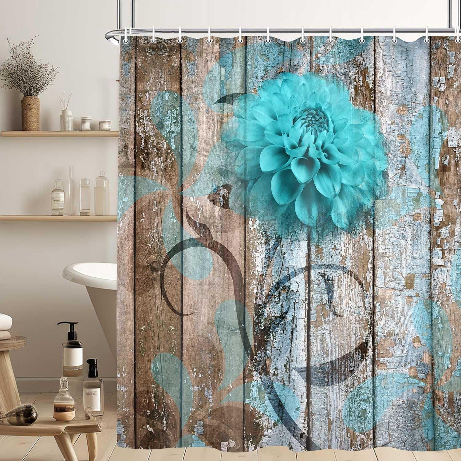 Farmhouse Flower Floral Shower Curtain, Rustic Teal Turquoise Dahlia Shower Curtain Set, Country Blue Wild Garden Plant Fabric Shower Curtain with Hooks, Surreal Bathroom Curtain, 69X70Inch