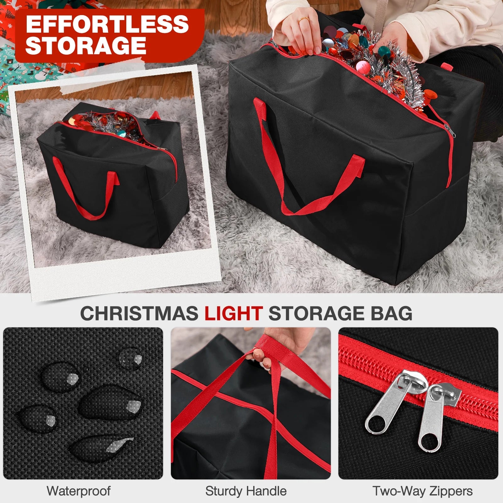 3Pcs Christmas Tree Storage Bag, Christmas Tree Bag for 7.5 FT Artificial Trees, Durable Waterproof with Reinforced Carrying Handles (Black)