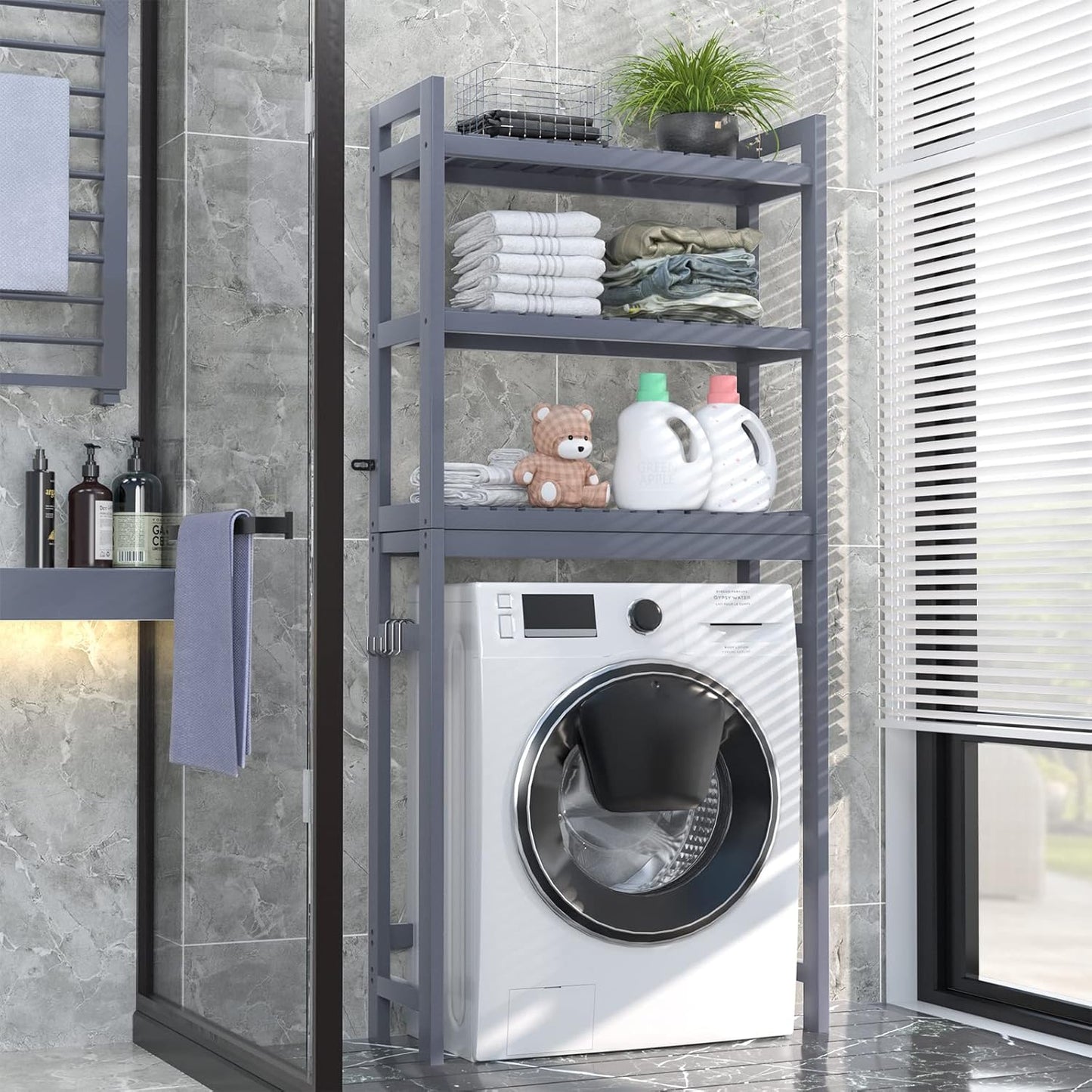 over the Toilet Storage, Bamboo 3-Tier Over-The-Toilet Space Saver Shelf Organizer Rack, Stable Freestanding above Toilet Stand with 3 Hooks for Bathroom, Restroom, Laundry, Blue Grey