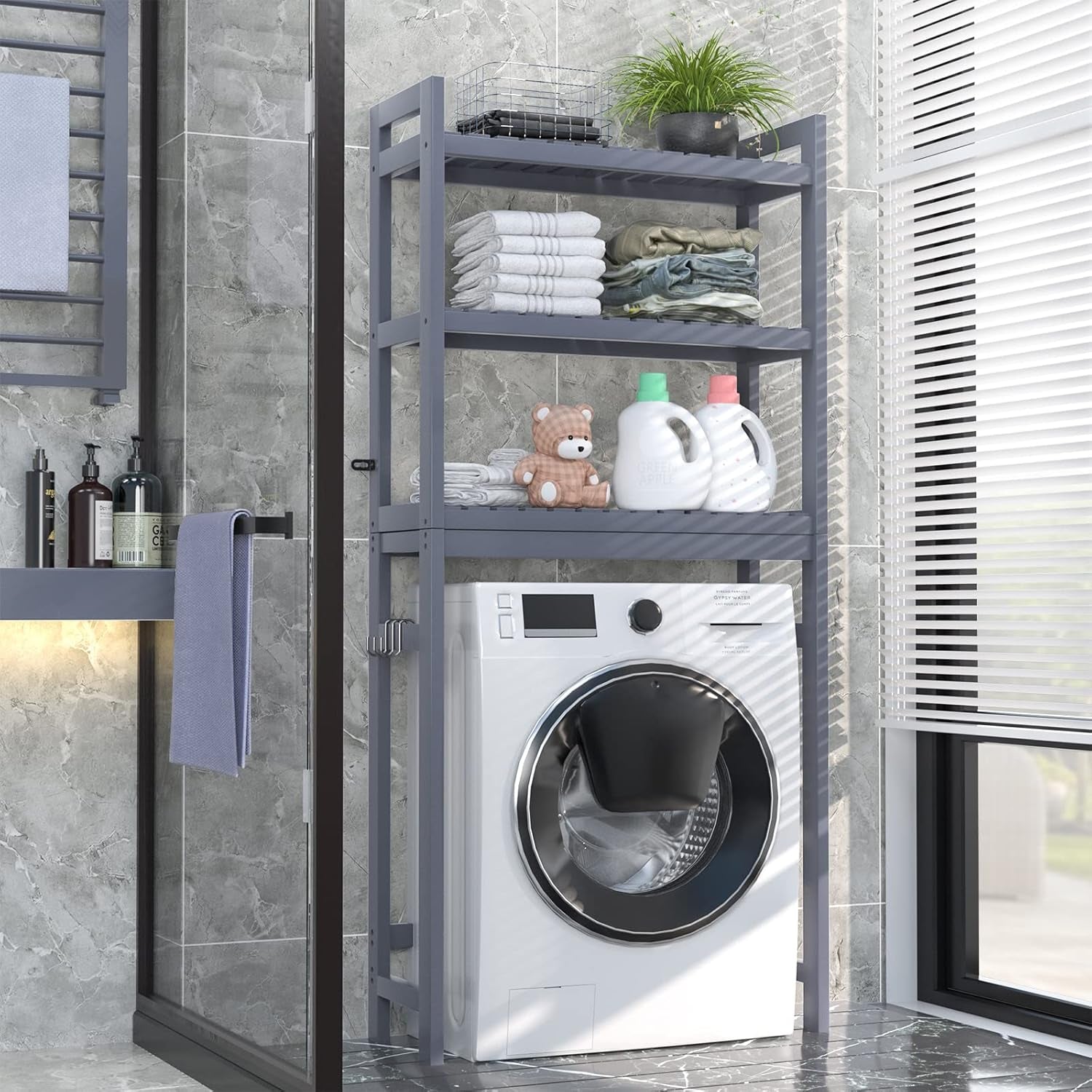 over the Toilet Storage, Bamboo 3-Tier Over-The-Toilet Space Saver Shelf Organizer Rack, Stable Freestanding above Toilet Stand with 3 Hooks for Bathroom, Restroom, Laundry, Blue Grey