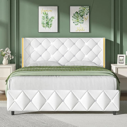 Queen Bed Frame, Upholstered Platform Queen Bed Frame with Headboard for Bedroom, No Box Spring Needed, Beige