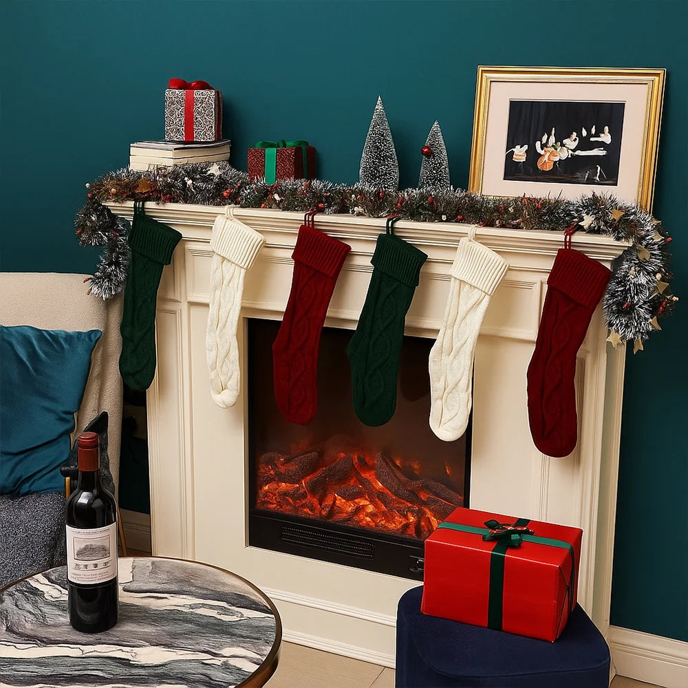 6 Pack Knit Christmas Stockings, 18" Cable Knitted Stocking Decorations Xmas Rustic Farmhouse for Family Holiday Season, Burgundy, Ivory White, Green