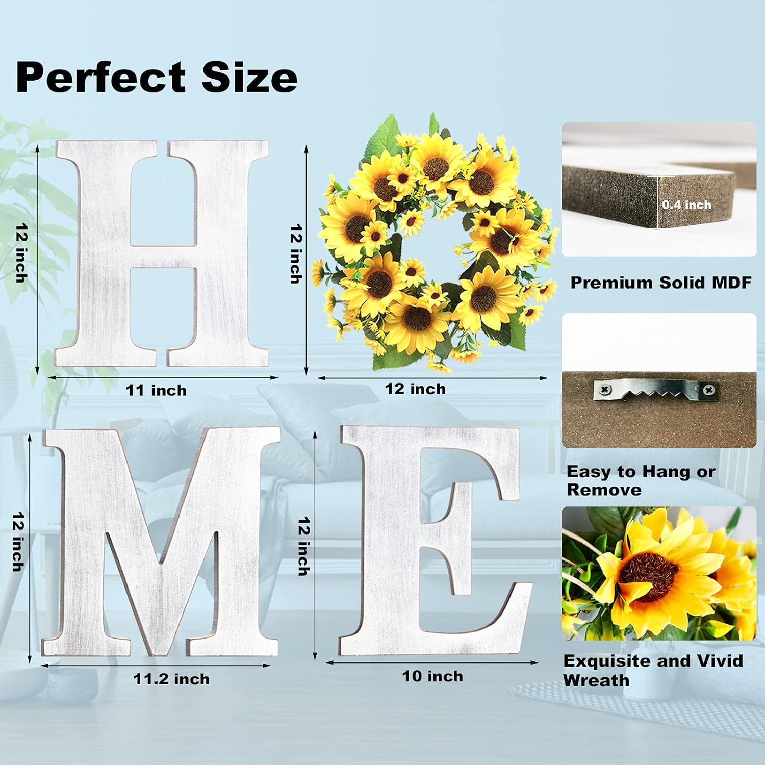 Wall Hanging 12” Wood Home Letters, Decorative Large Wooden Home Sign with Artificial Sunflower Wreath for O, Rustic Wall Decor Art, Farmhouse Wall Decoration for House Living Room Kitchen Entryway