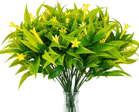 6Pcs Fake Flower Plants Outdoor Artificial Morning Glory Shrubs Bundles UV Resistant Faux Plastic Kitchen Bouquets Indoor Table Centerpieces Home Office Summer Fall Decor Yellow