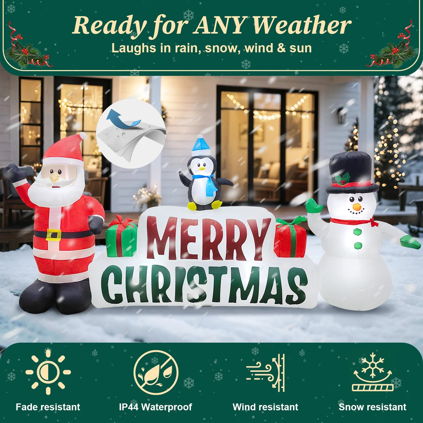 10Ft Long Christmas Inflatables, Lighted Merry Christmas Sign with Santa, Snowman, and Penguin, Giant Blow up Outdoor Christmas Lawn Yard Decoration