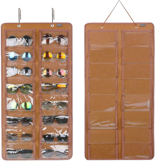 Sunglasses Organizer Storage, Hanging Dust Proof Wall Pocket Glasses Organizer - 16 Felt Slots Sunglass Organizer Holder with Metal Hook and Sturdy Rope (Brown, Dust Proof)