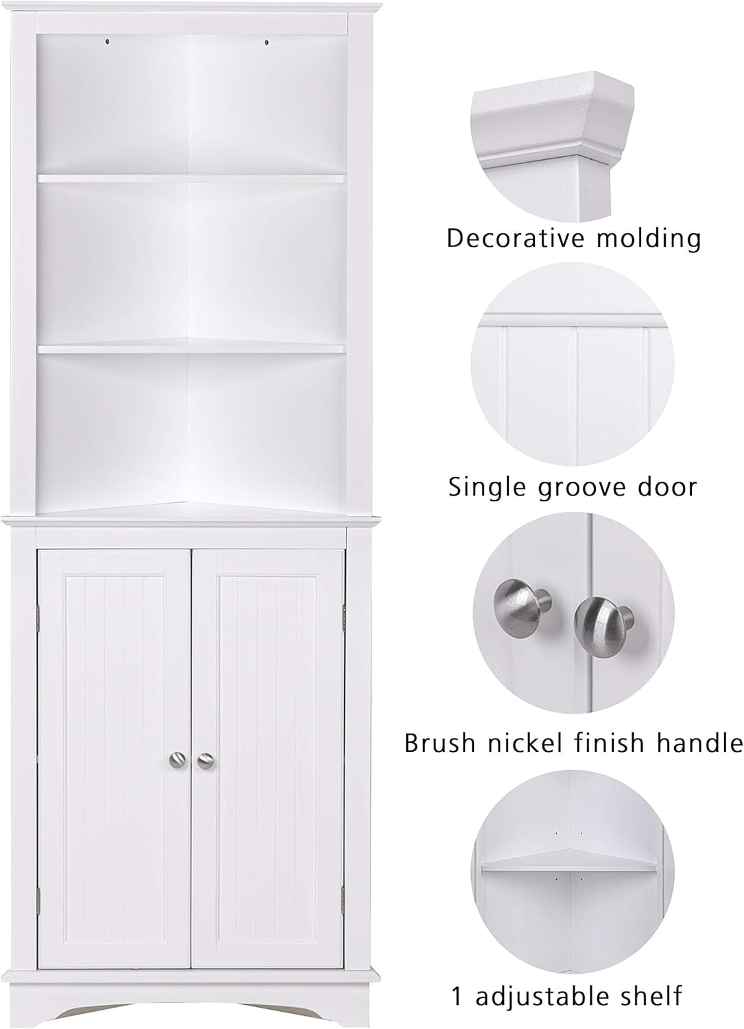 Tall Corner Cabinet with Doors and Shelves, Freestanding Corner Storage Cabinet for Bathroom, Kitchen, Living Room, White