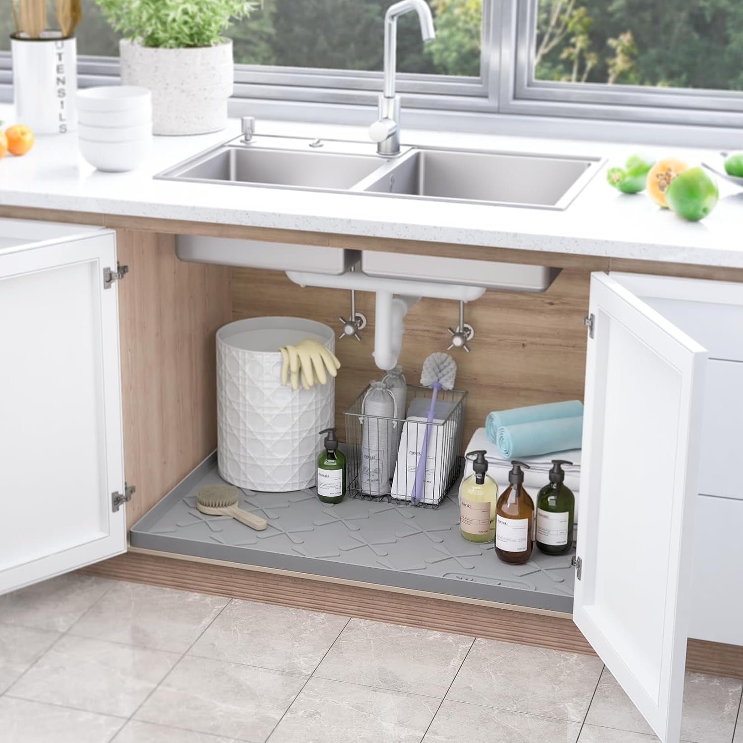 34" X 22" under Sink Mat Waterproof, Silicone Mat Kitchen Drawer Shelf and Cabinet Liner, Sink Protector for Kitchen Organizers and Storage, Boot Tray Pet Food Mats